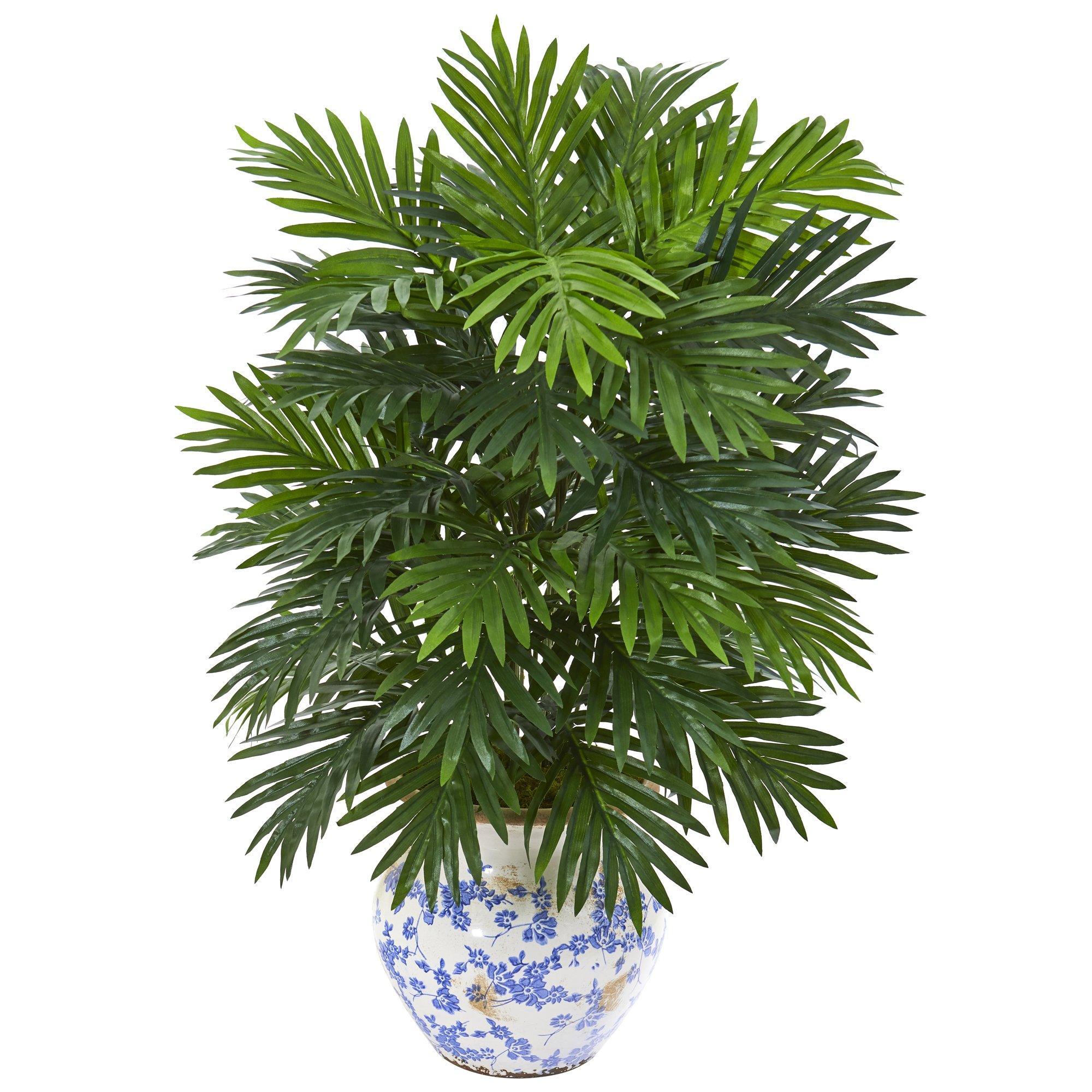 27” Areca Palm Artificial Plant in Vintage Floral Planter
