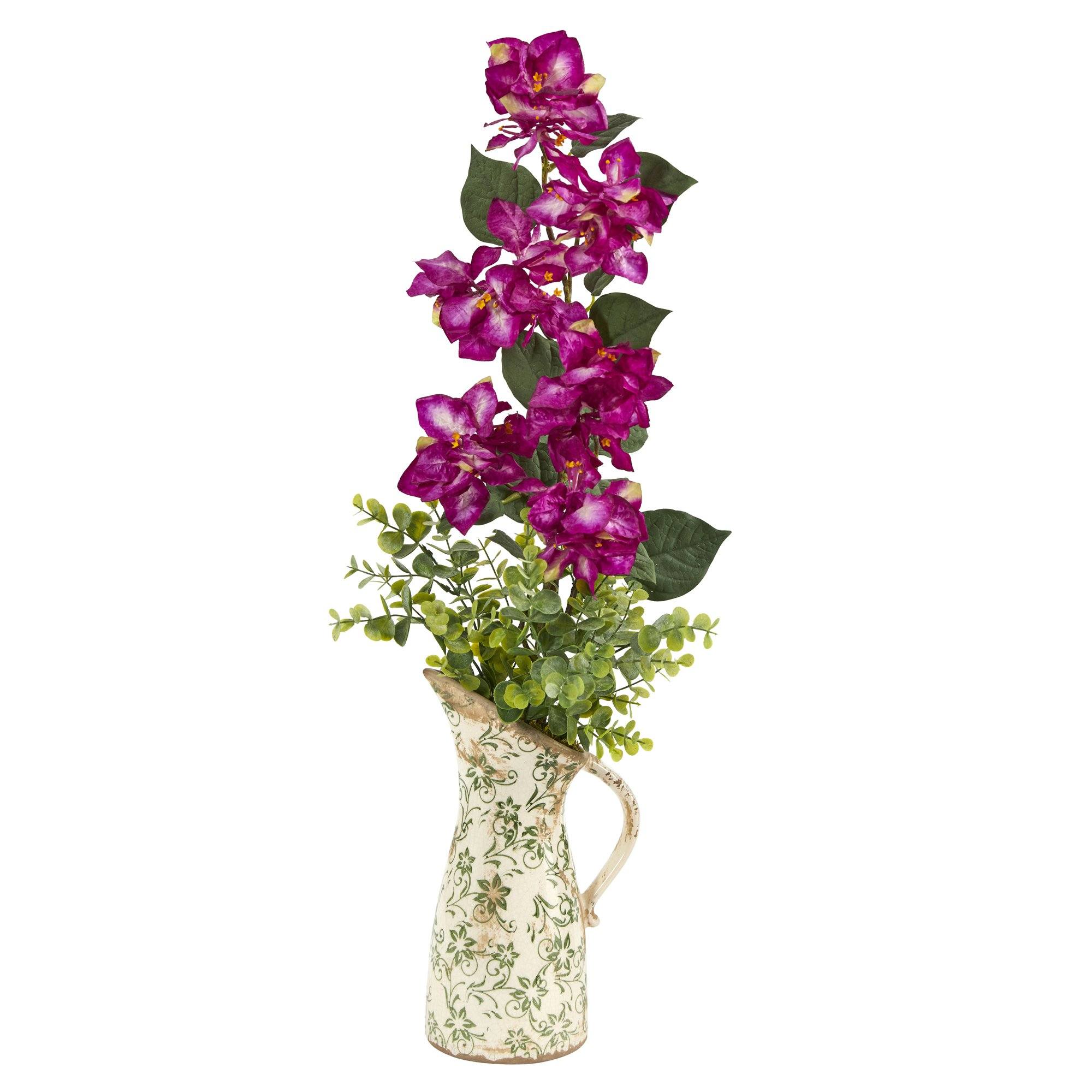 27” Bougainvillea and Eucalyptus Artificial Arrangement in Floral Pitcher