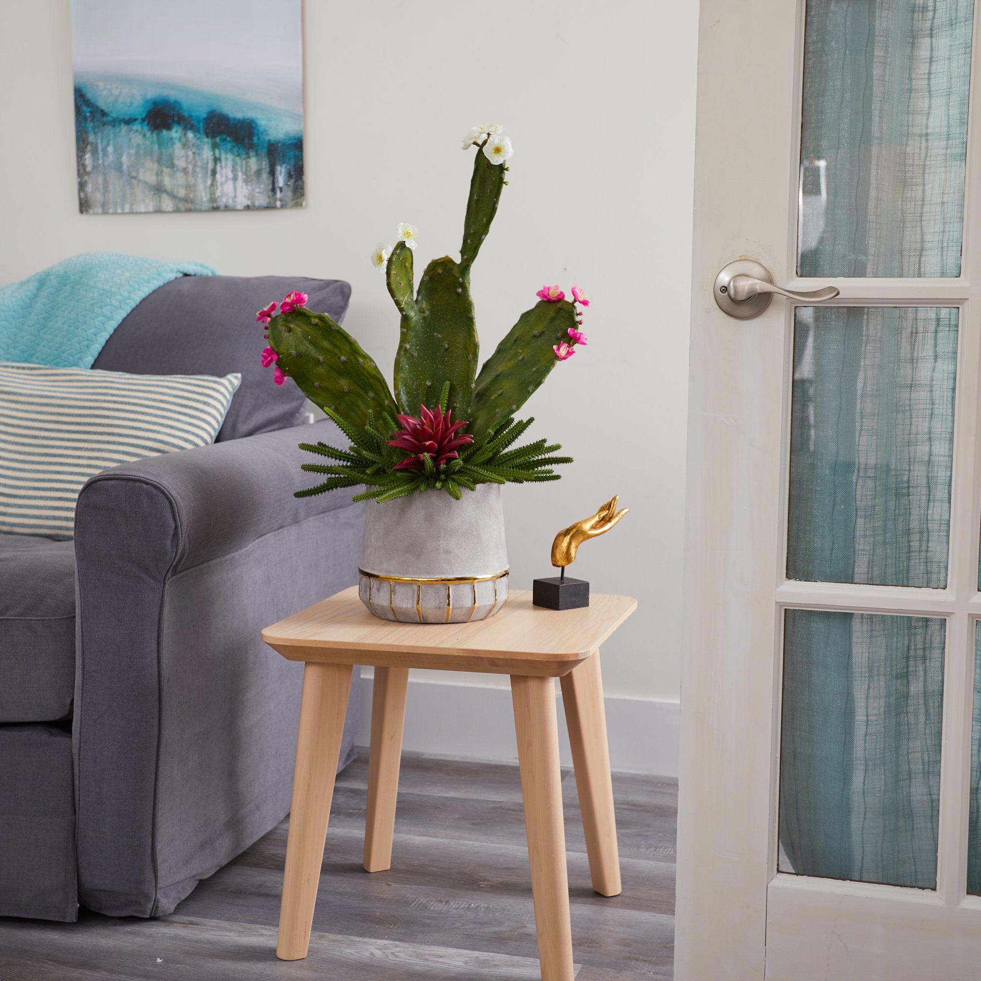 27” Cactus and Succulent Artificial Plant in Stoneware Planter with Gold Trimming