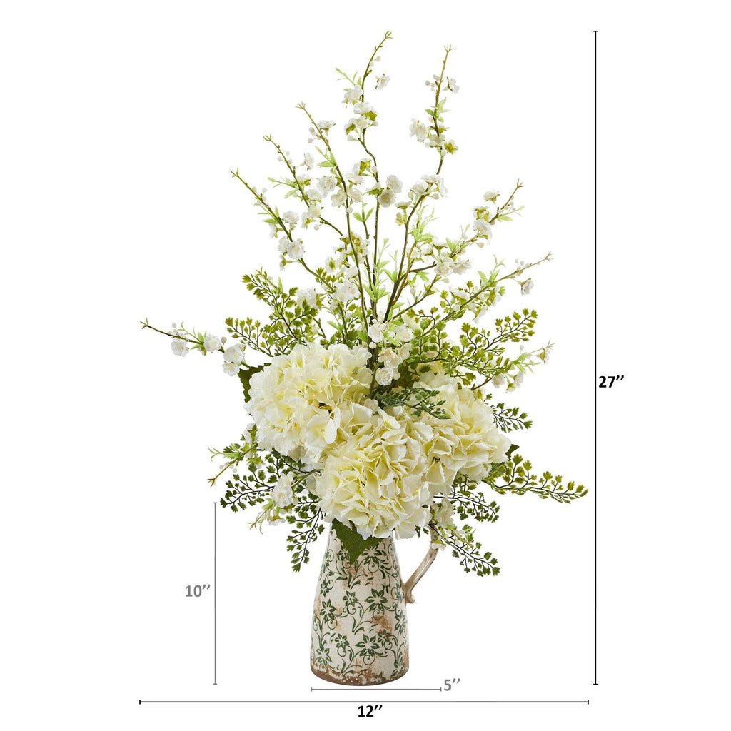 27” Cherry Blossom, Hydrangea and Greens Arrangement in Vase