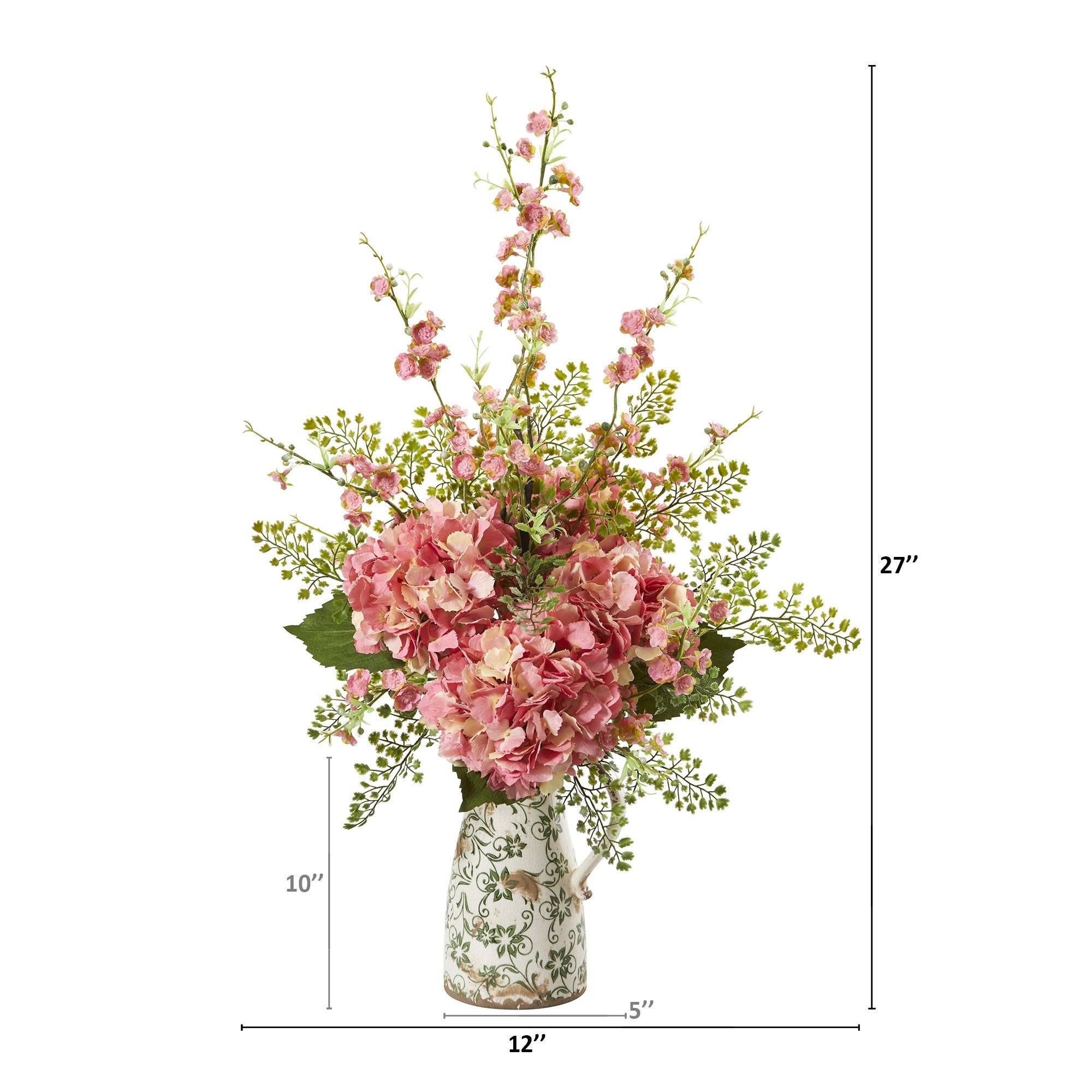 27” Cherry Blossom, Hydrangea and Greens Arrangement in Vase