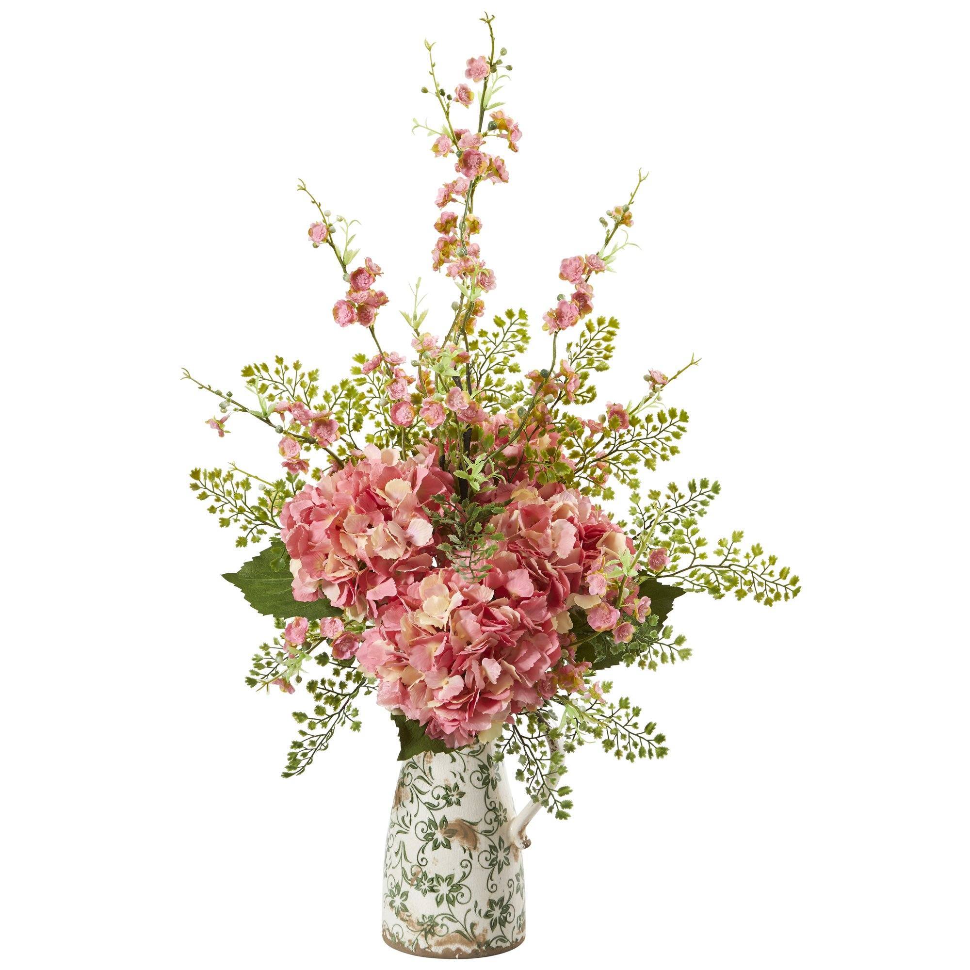 27” Cherry Blossom, Hydrangea and Greens Arrangement in Vase