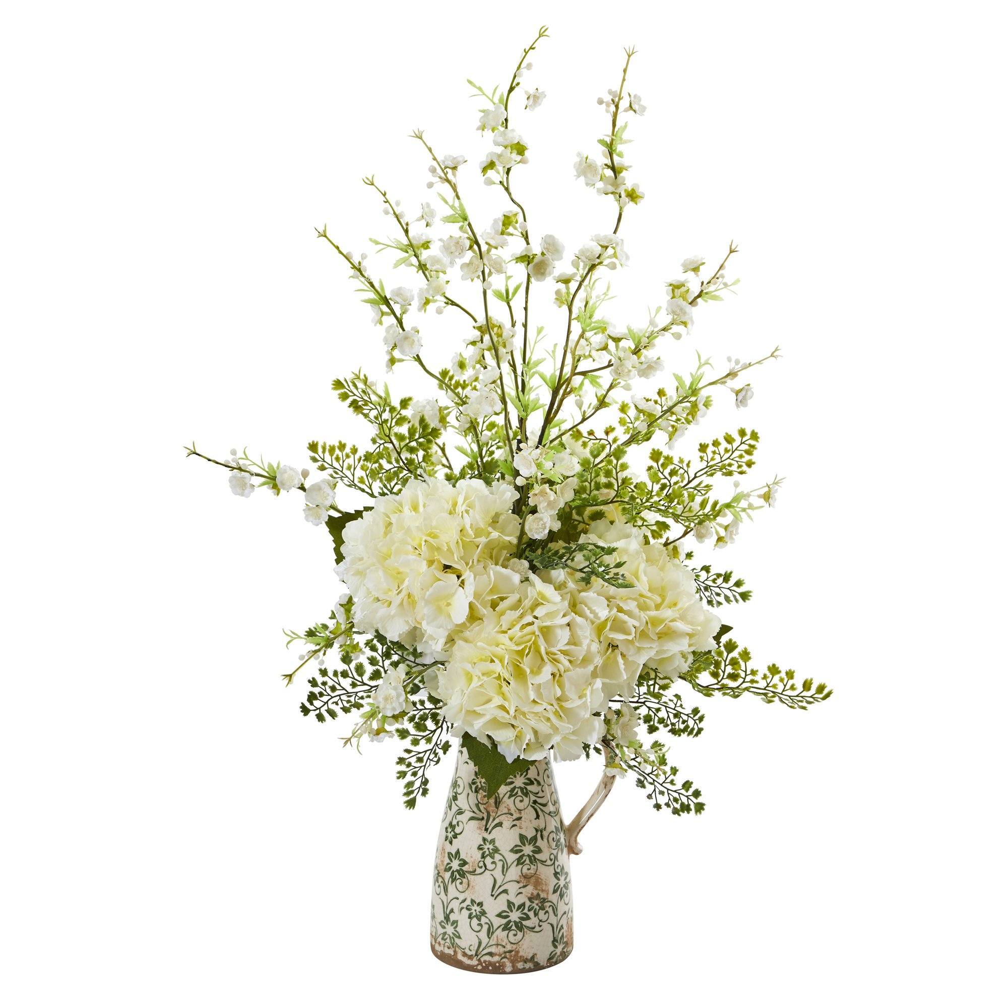 27” Cherry Blossom, Hydrangea and Greens Arrangement in Vase