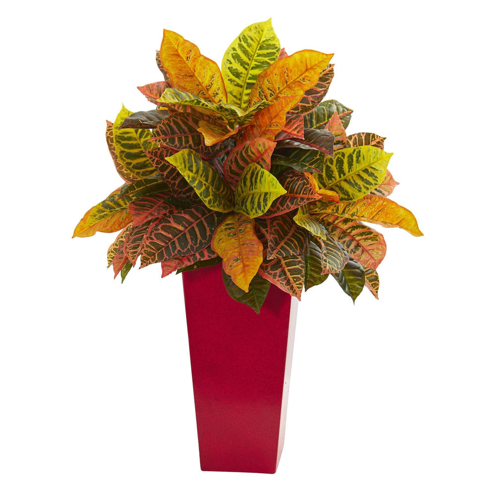 27” Croton Artificial Plant in White Tower Planter (Real Touch)