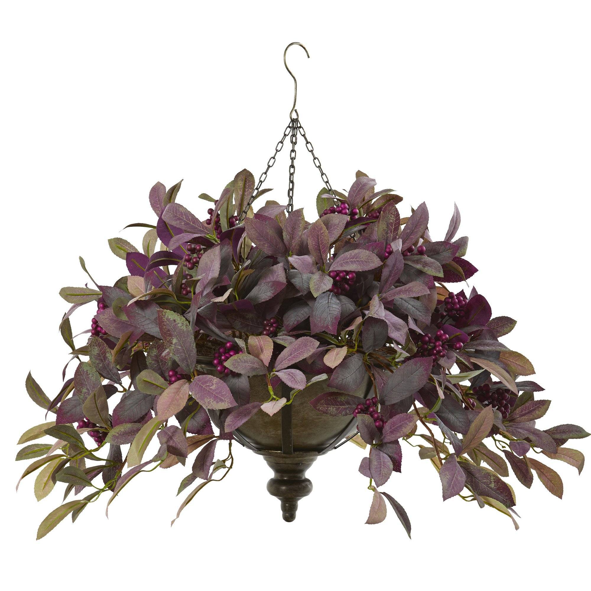 27” Fall Laurel Leaf with Berries Artificial Plant in Metal Hanging Bowl