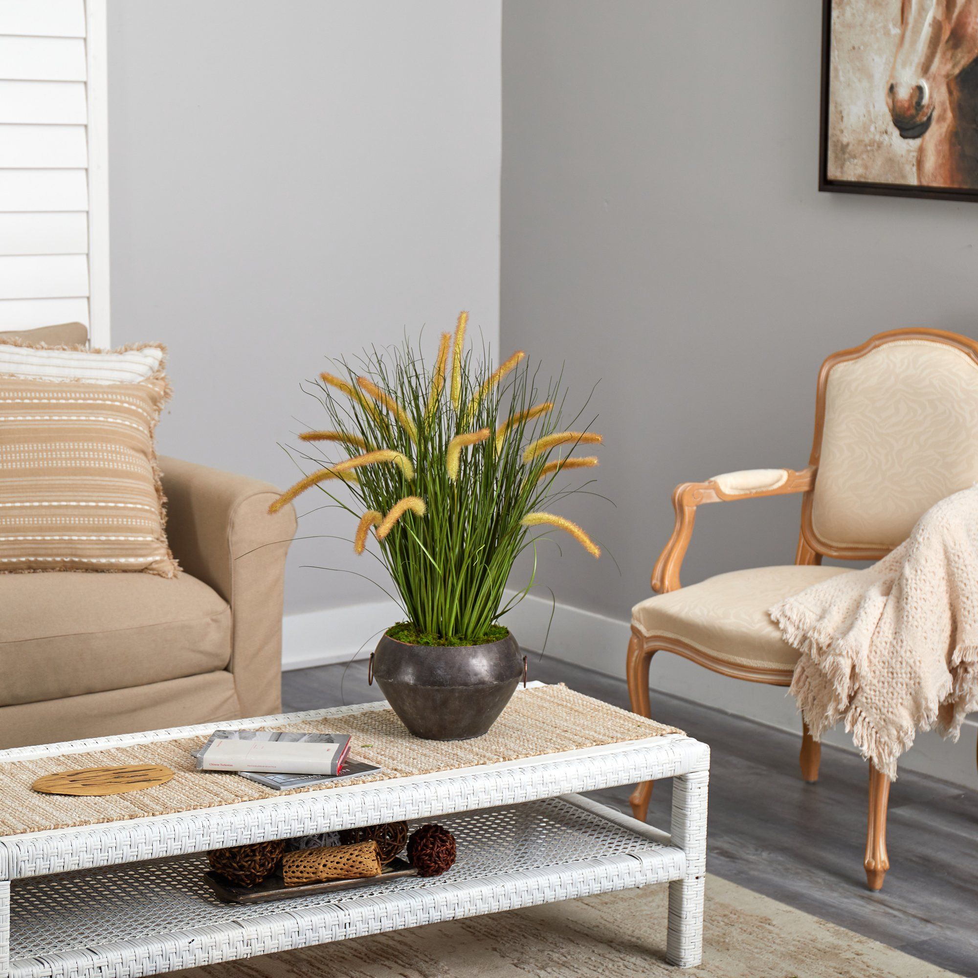 27” Onion Grass Artificial Plant in Metal Bowl