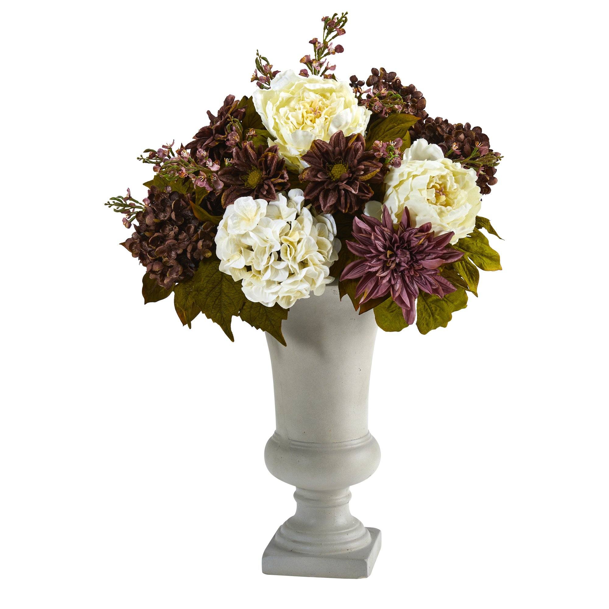 27” Peony, Hydrangea and Dahlia Artificial Arrangement in Sand Colored Urn