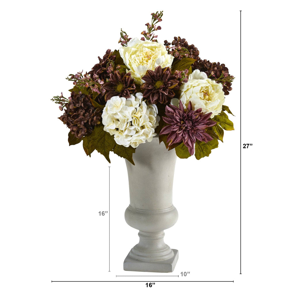 27” Peony, Hydrangea and Dahlia Artificial Arrangement in Sand Colored Urn