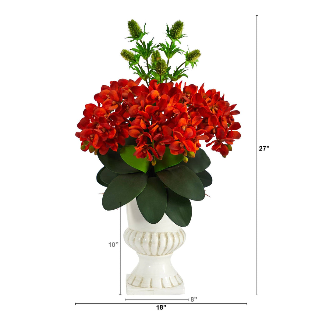 27” Phalaenopsis Orchid and Thistle Artificial Arrangement in White Urn