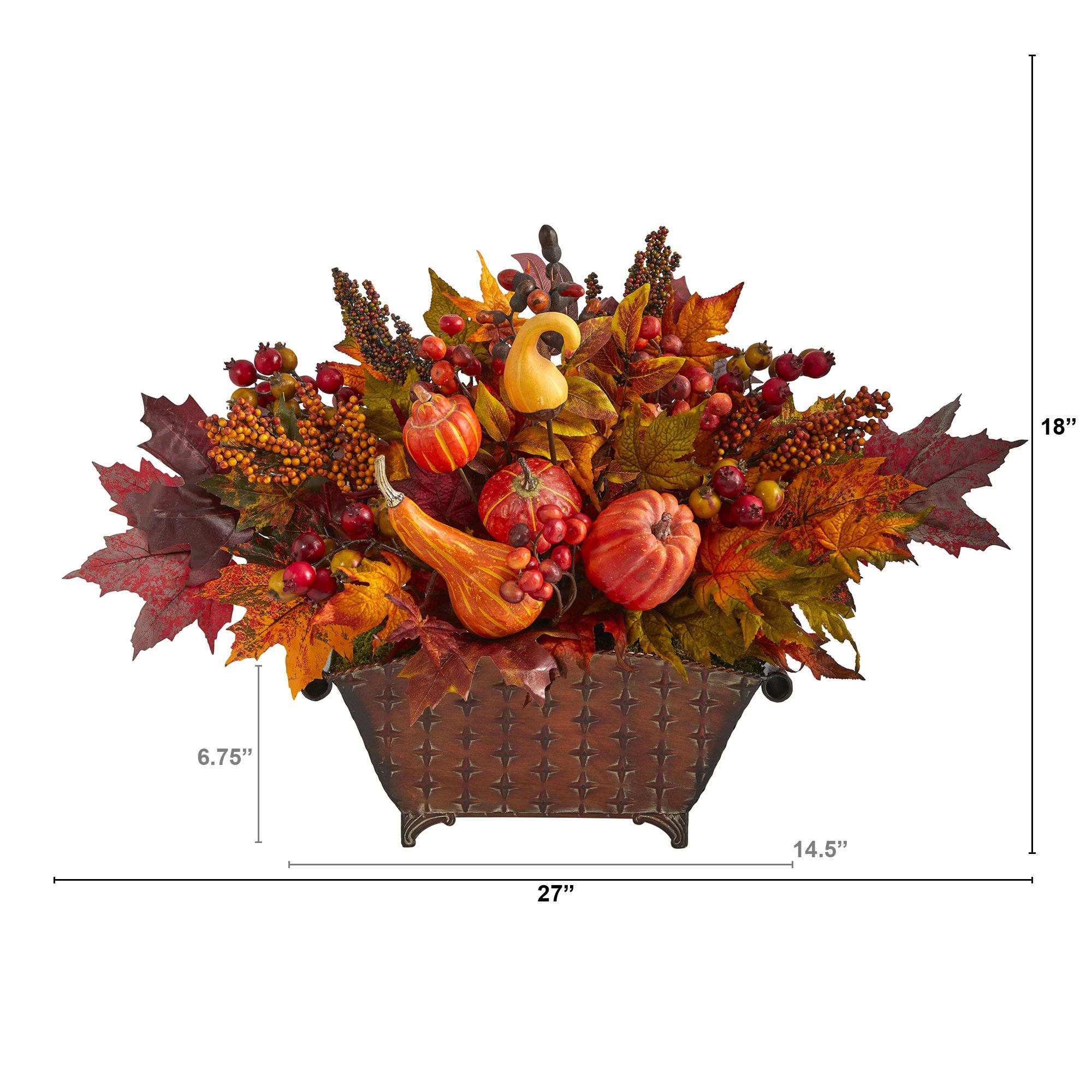 27” Pumpkin, Maple Leaf and Berries Artificial Arrangement in Metal Vase