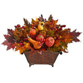 27” Pumpkin, Maple Leaf and Berries Artificial Arrangement in Metal Vase