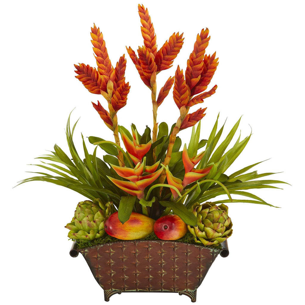 27” Tropical and Faux Fruit Artificial Arrangement in Metal Planter
