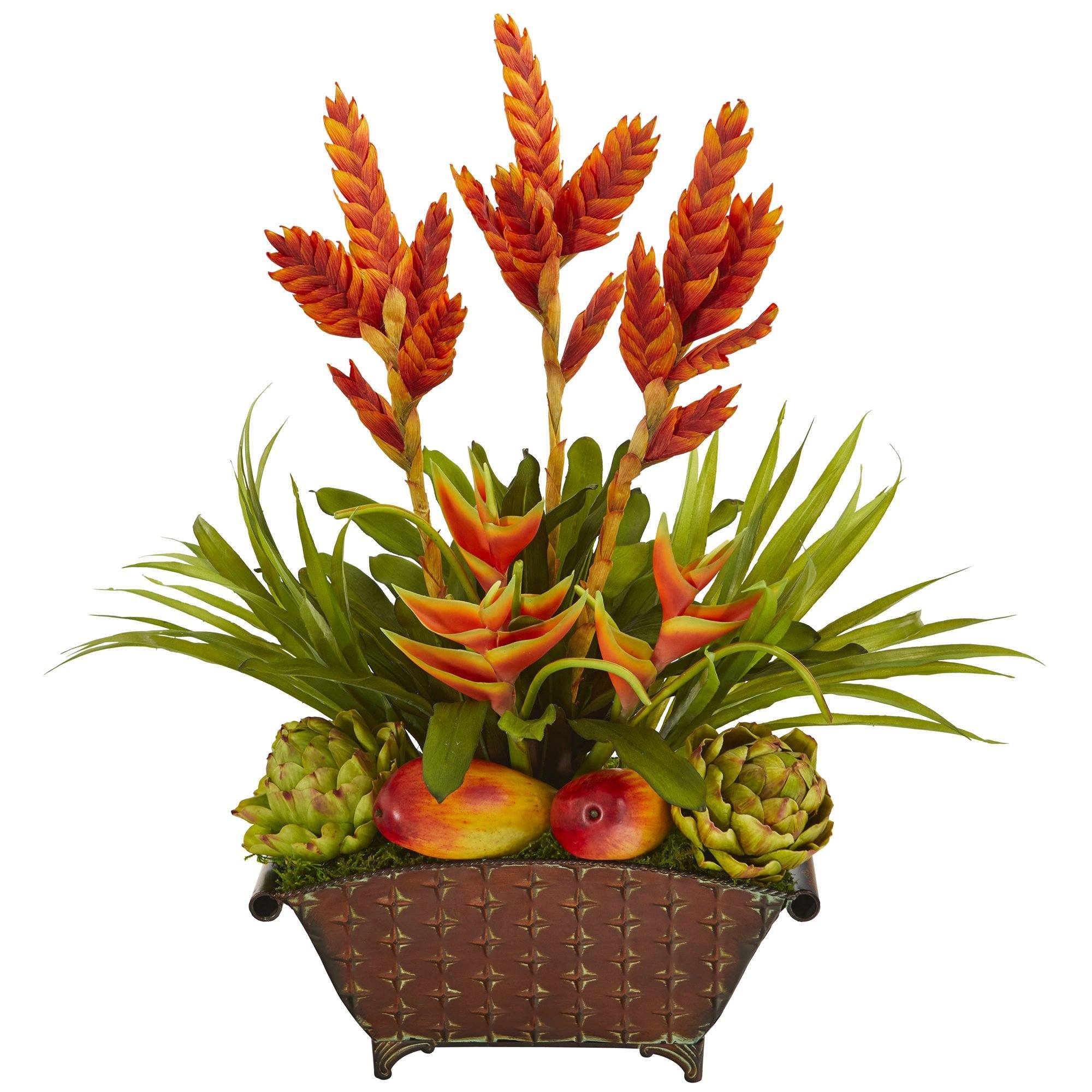 27” Tropical and Faux Fruit Artificial Arrangement in Metal Planter