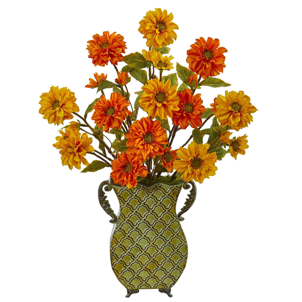 27” Zinnia Artificial Arrangement in Venetian Verdigris Planter