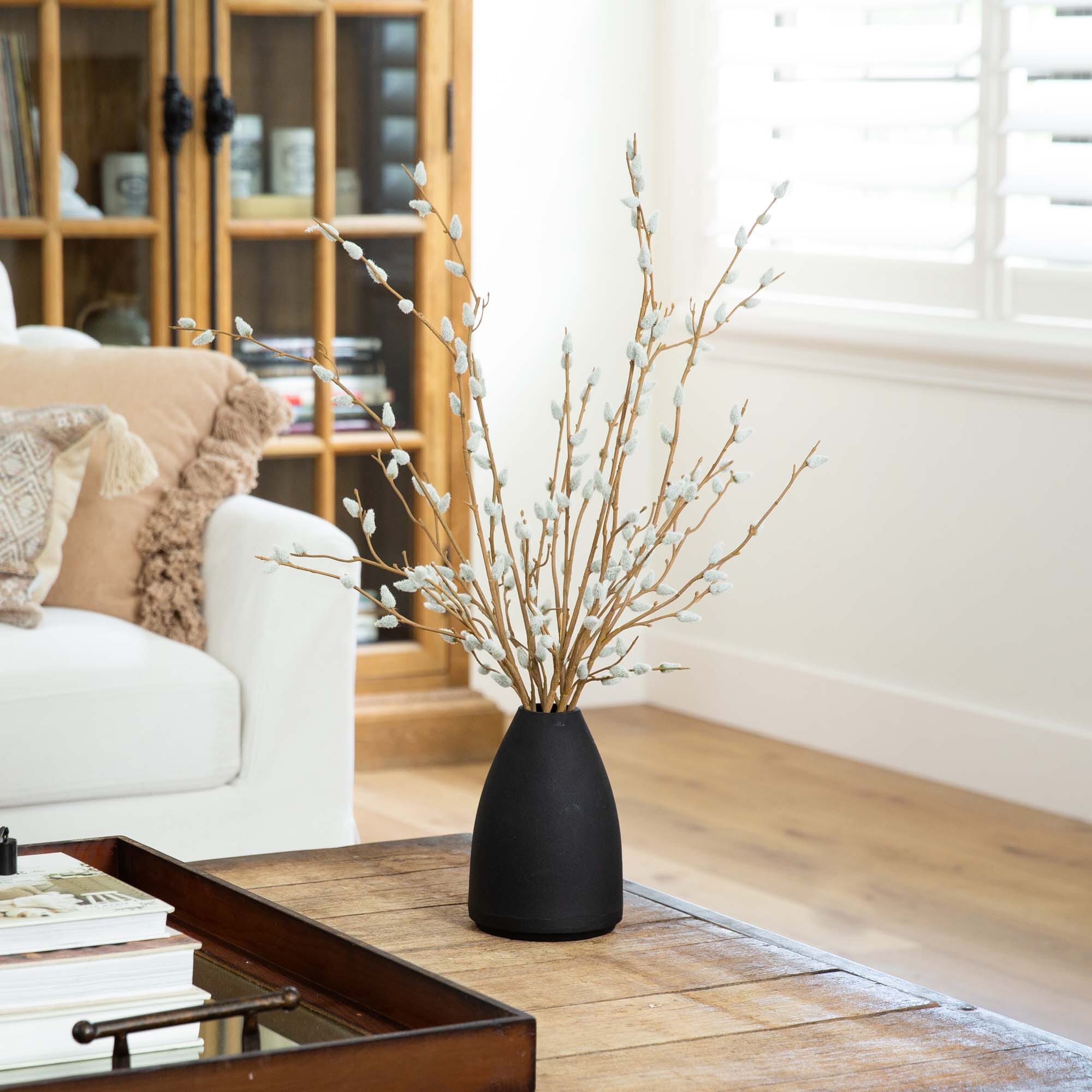 28” Artificial Pussy Willow Arrangement in Modern Metal Black Vase