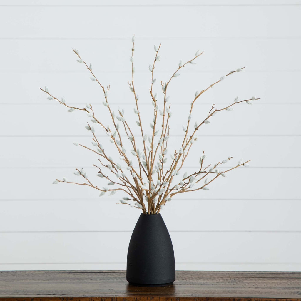 28” Artificial Pussy Willow Arrangement in Modern Metal Black Vase