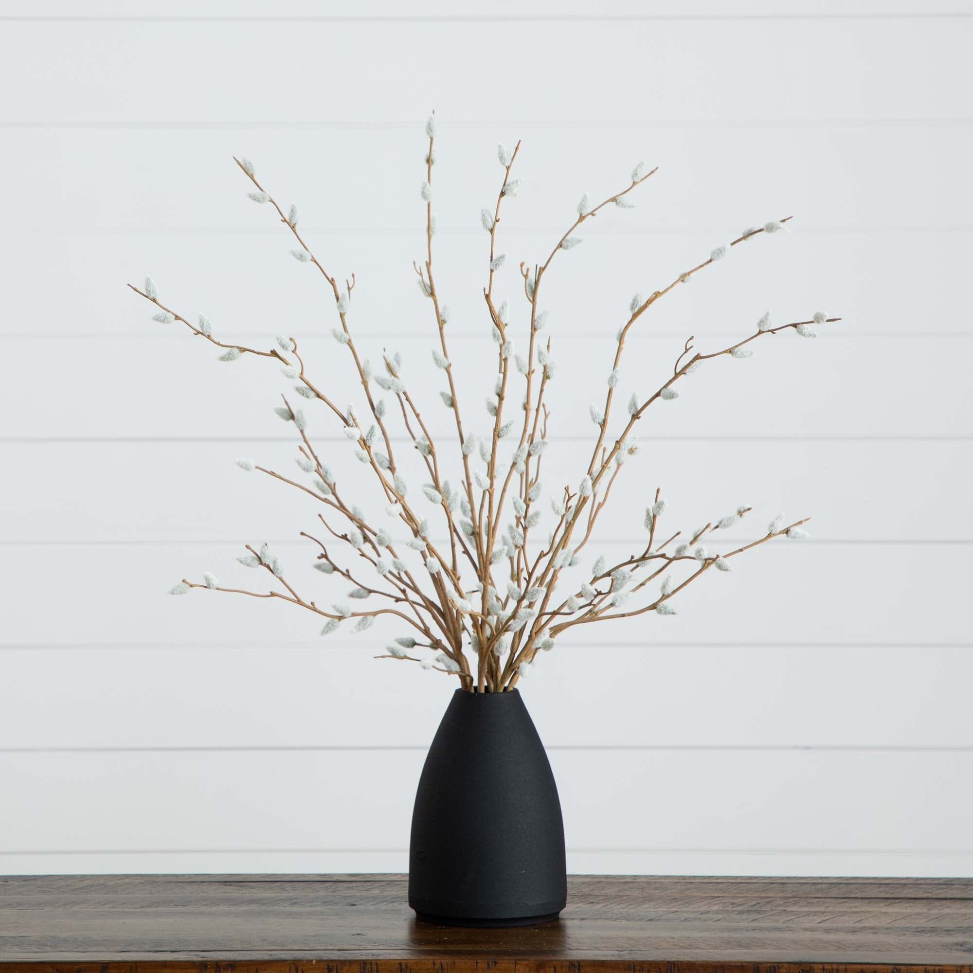 28” Artificial Pussy Willow Arrangement in Modern Metal Black Vase
