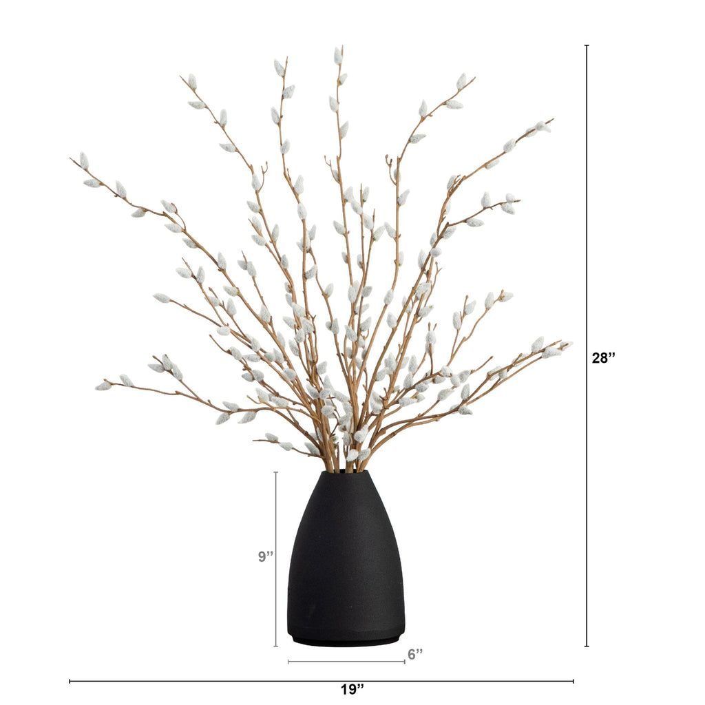 28” Artificial Pussy Willow Arrangement in Modern Metal Black Vase