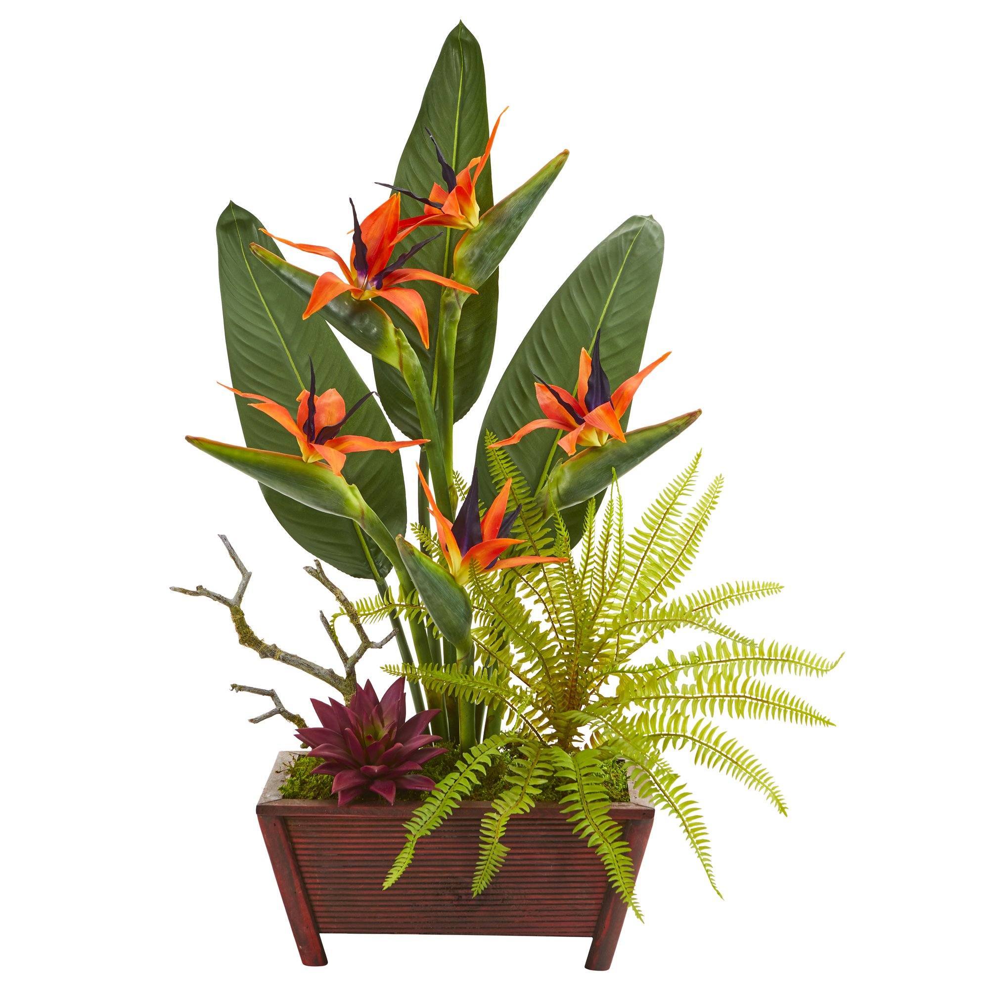 28” Bird of Paradise, Succulent and Fern Artificial Plant in Decorative Planter