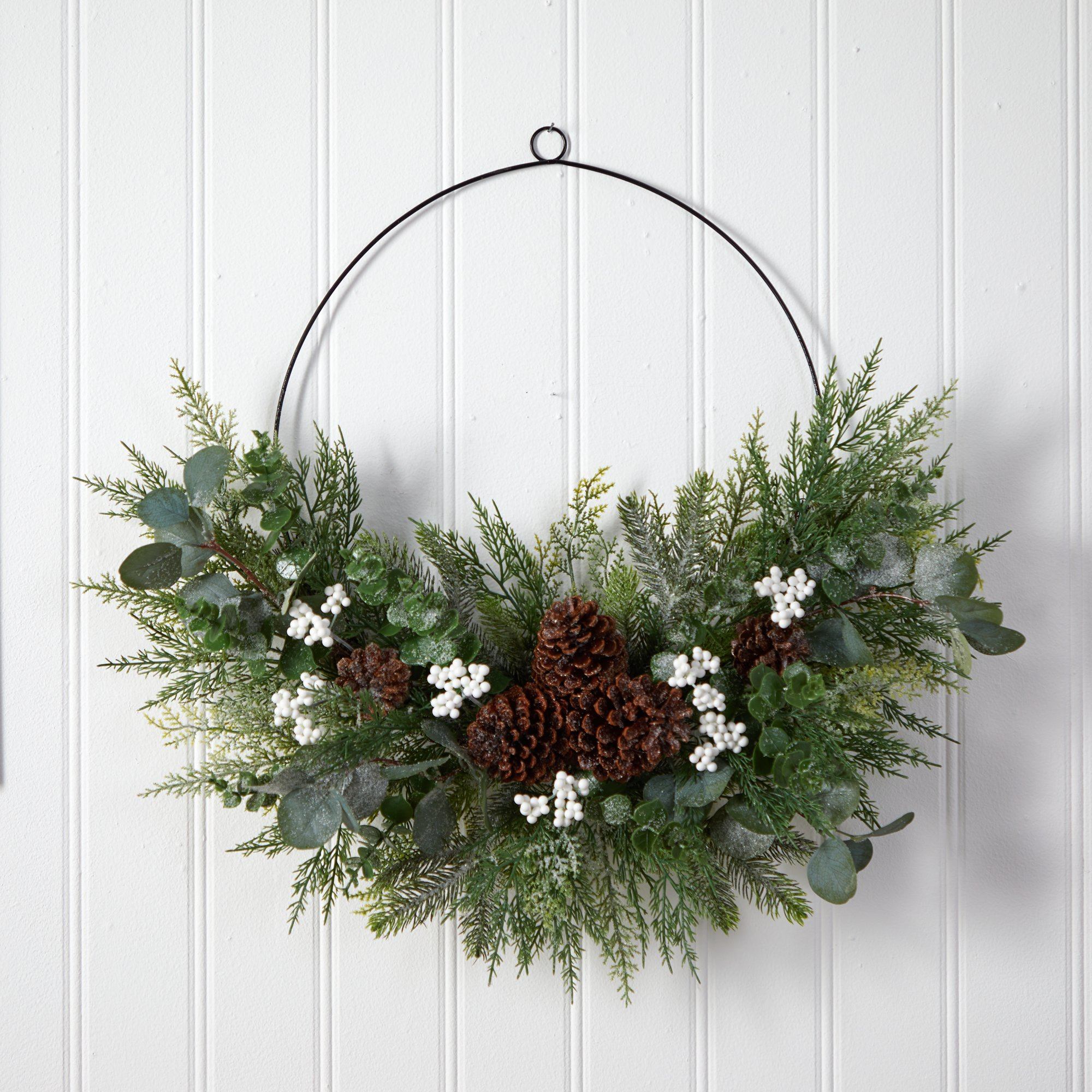 28” Christmas Pine, Eucalyptus, and Berries Metal Circlet Artificial Wreath
