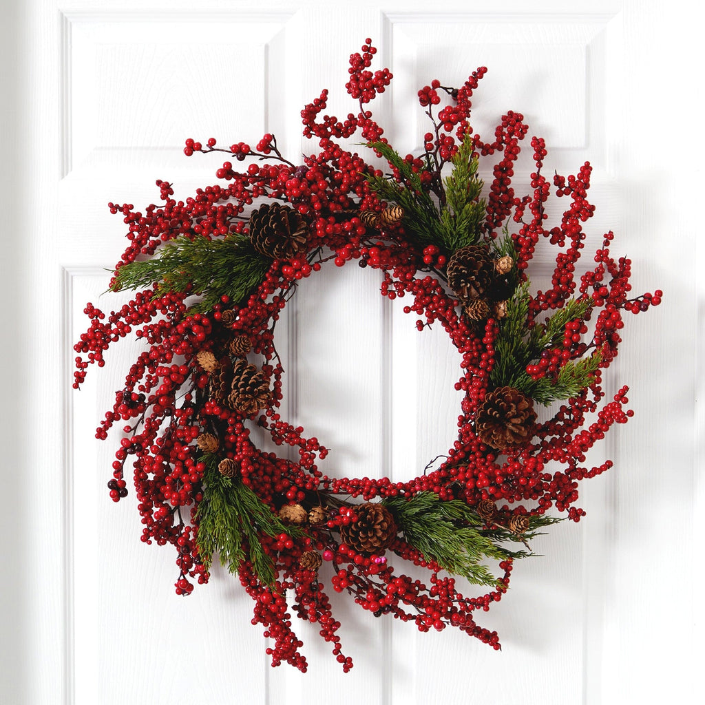 28” Cypress Artificial Wreath with Berries and Pine Cones