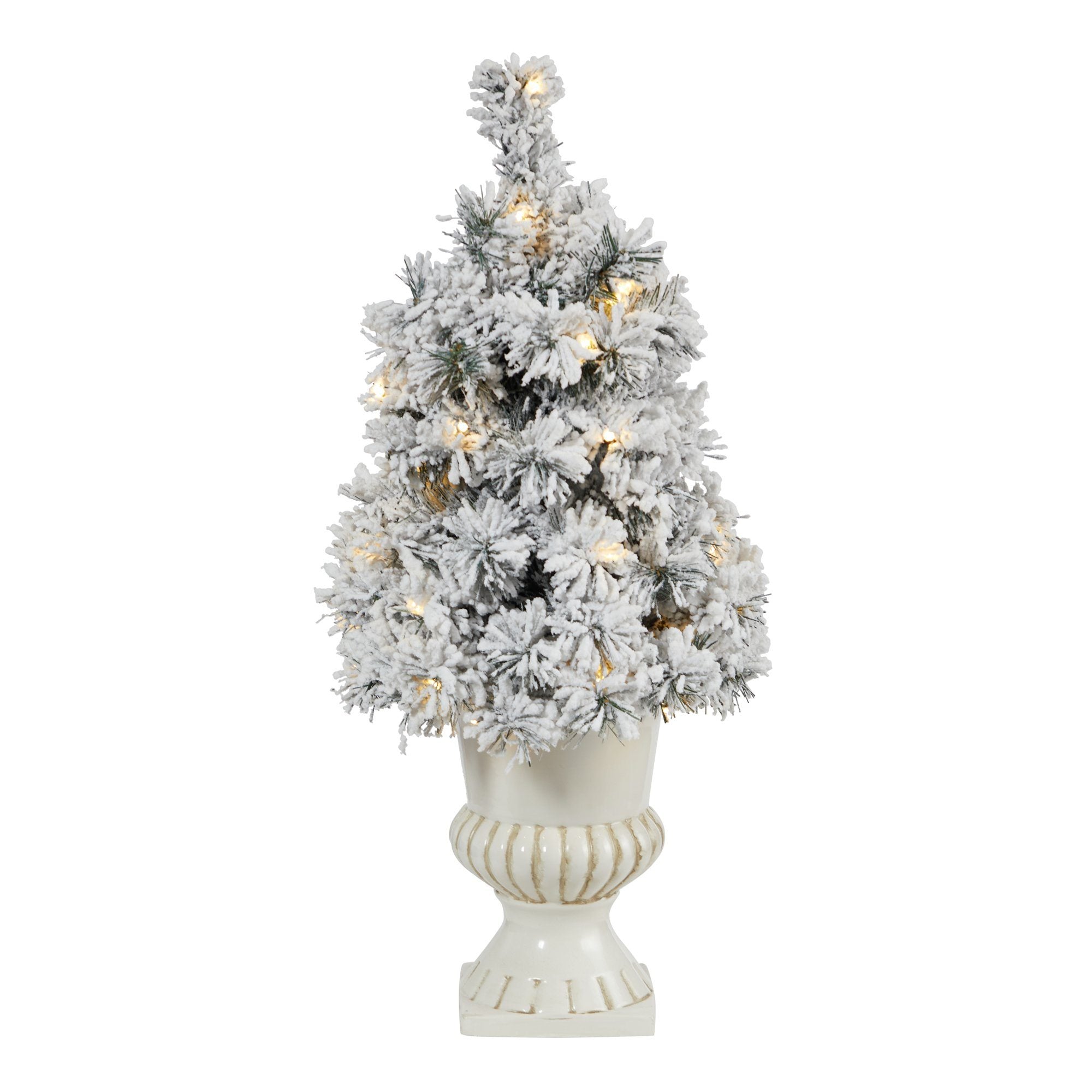 28” Flocked Artificial Christmas Tree with 30 Clear LED Lights in White Urn