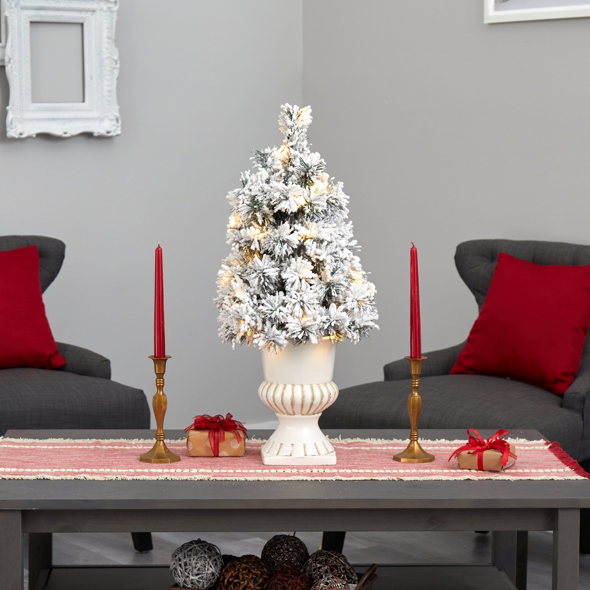 28” Flocked Artificial Christmas Tree with 30 Clear LED Lights in White Urn