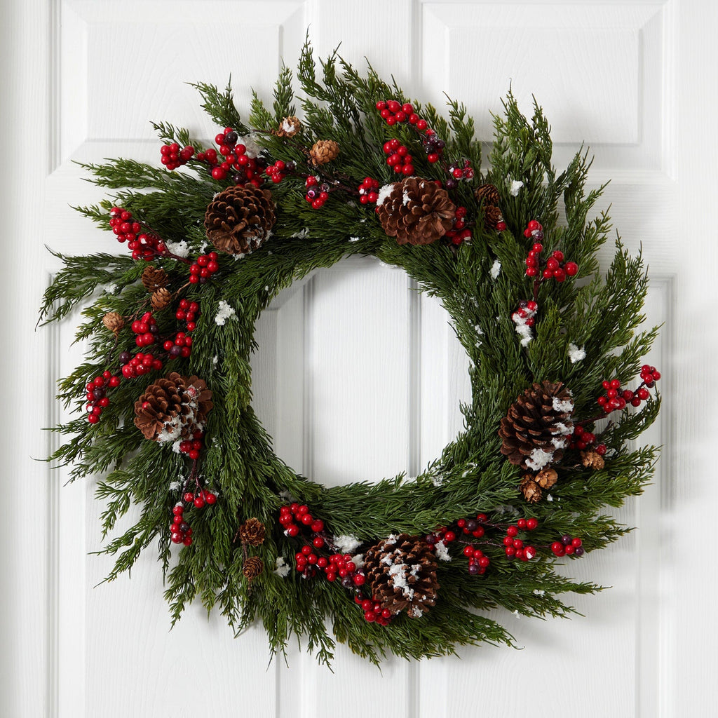 28'' Frosted Cypress with Berries and Pine Cones Artificial Wreath