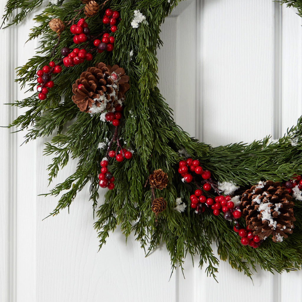28'' Frosted Cypress with Berries and Pine Cones Artificial Wreath