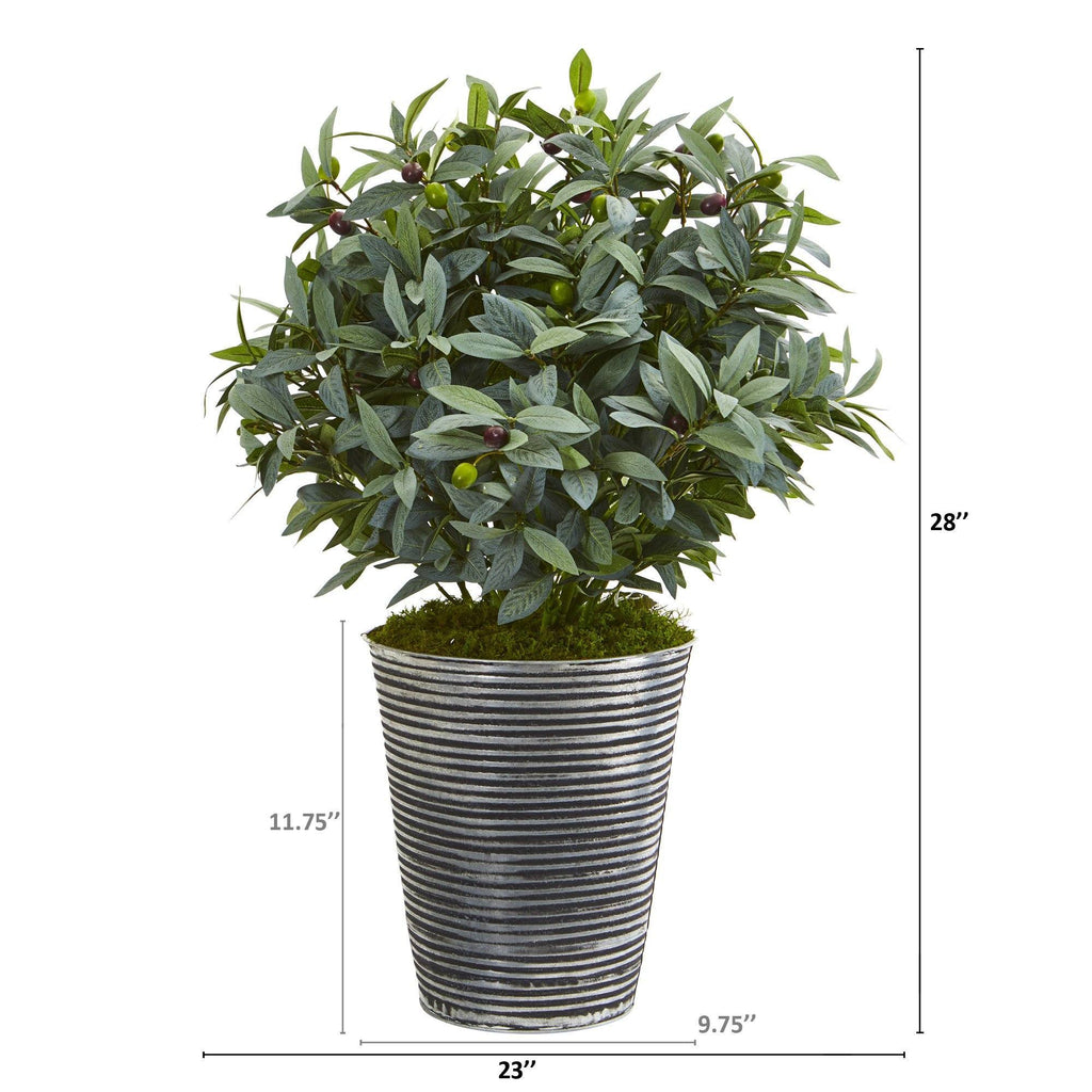 28” Olive with Berries Artificial Plant in Tin Planter with Black Pattern