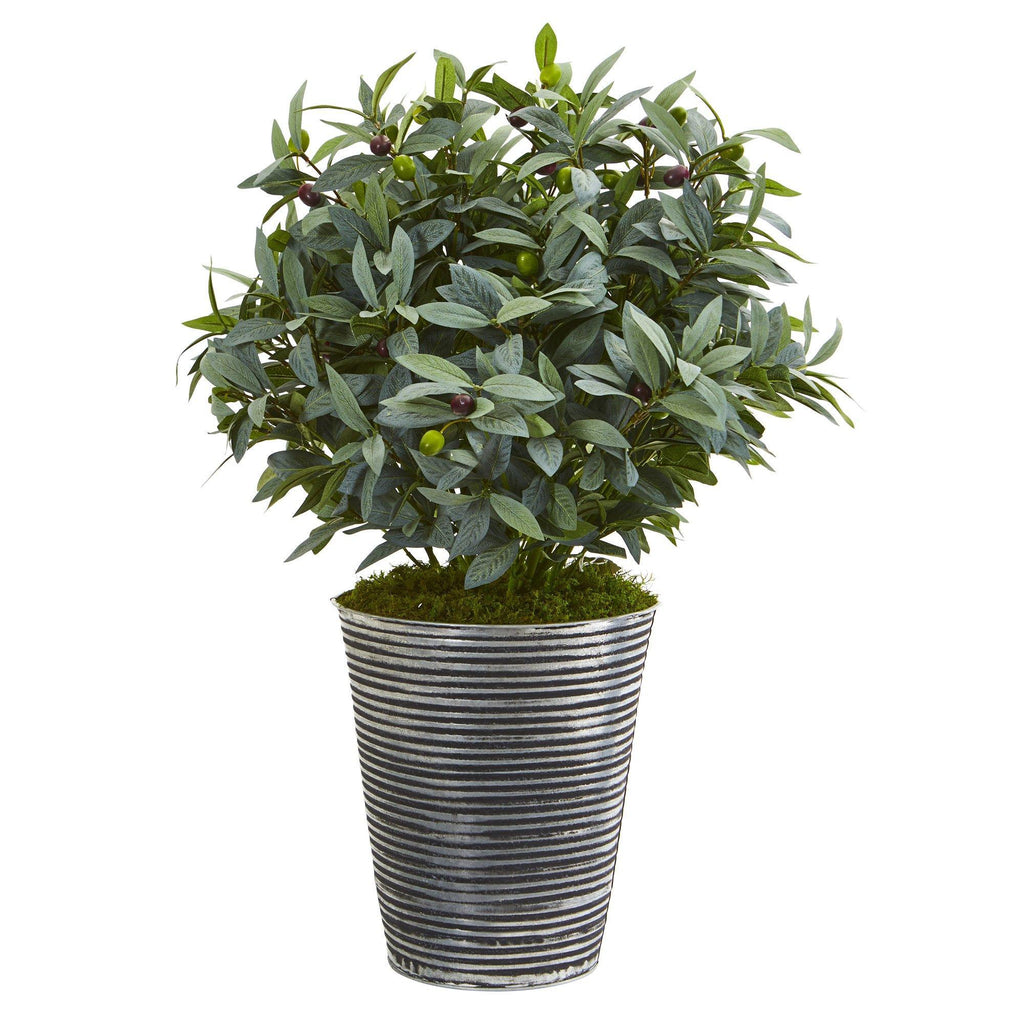28” Olive with Berries Artificial Plant in Tin Planter with Black Pattern