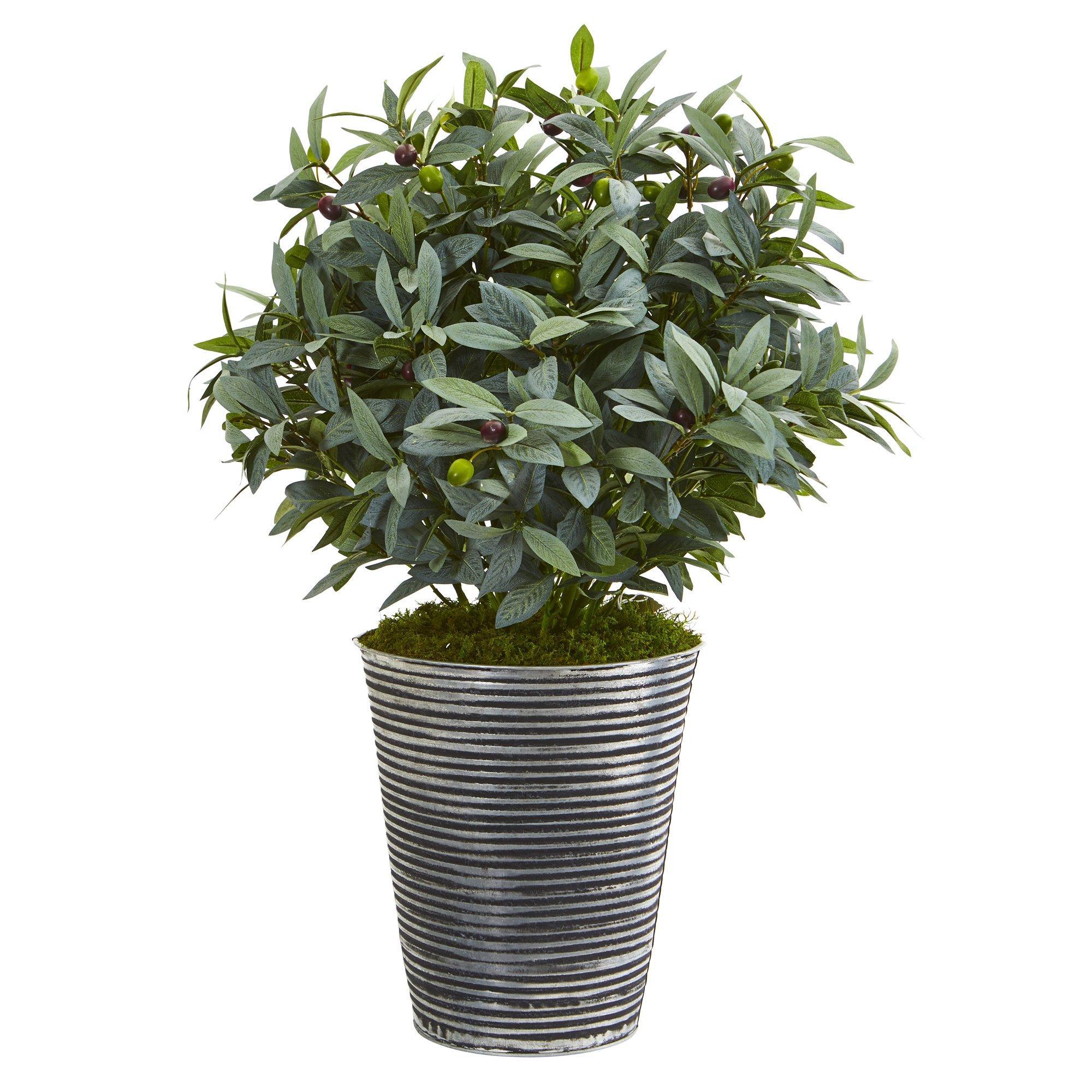 28” Olive with Berries Artificial Plant in Tin Planter with Black Pattern