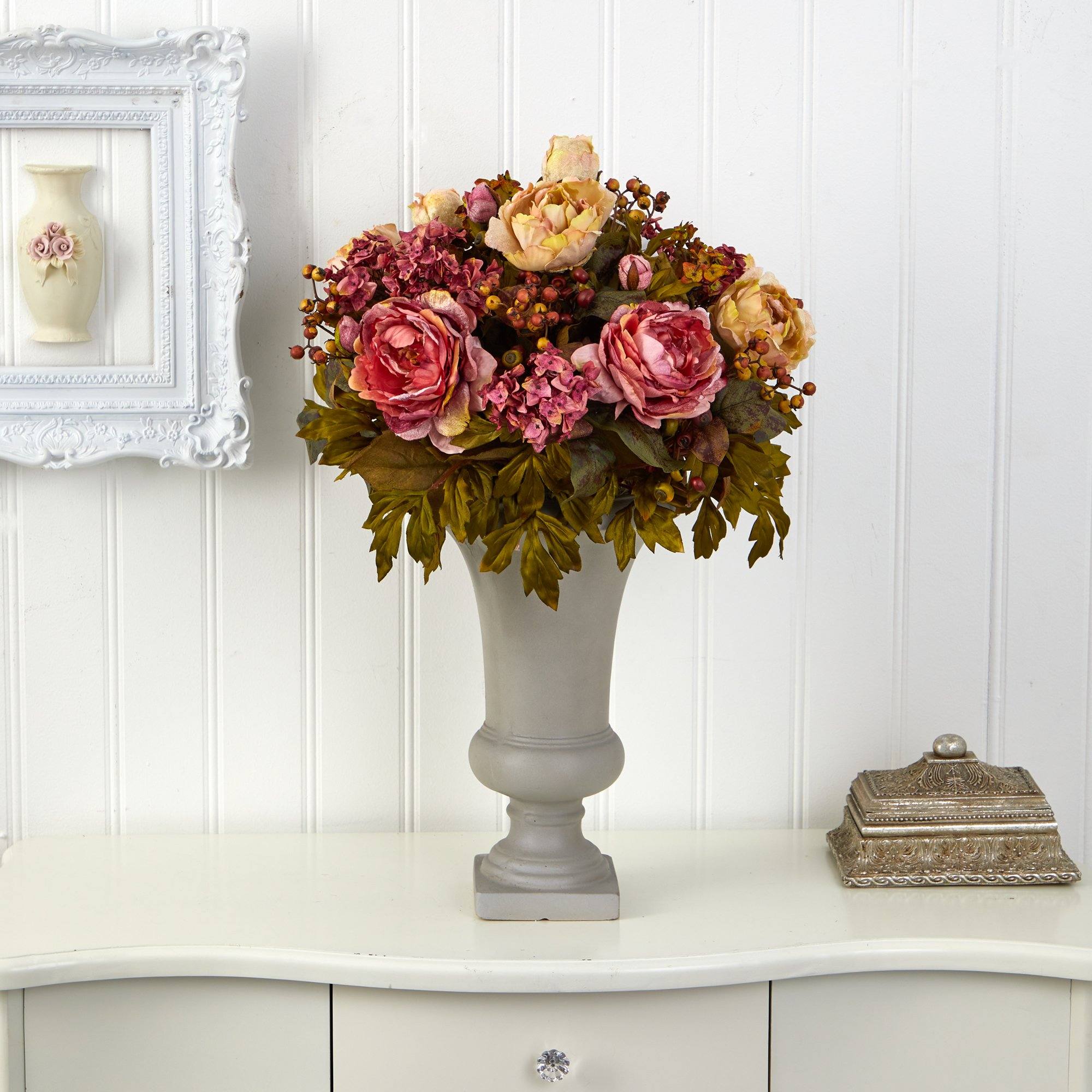 28” Peony Artificial Arrangement in Sand Colored Urn