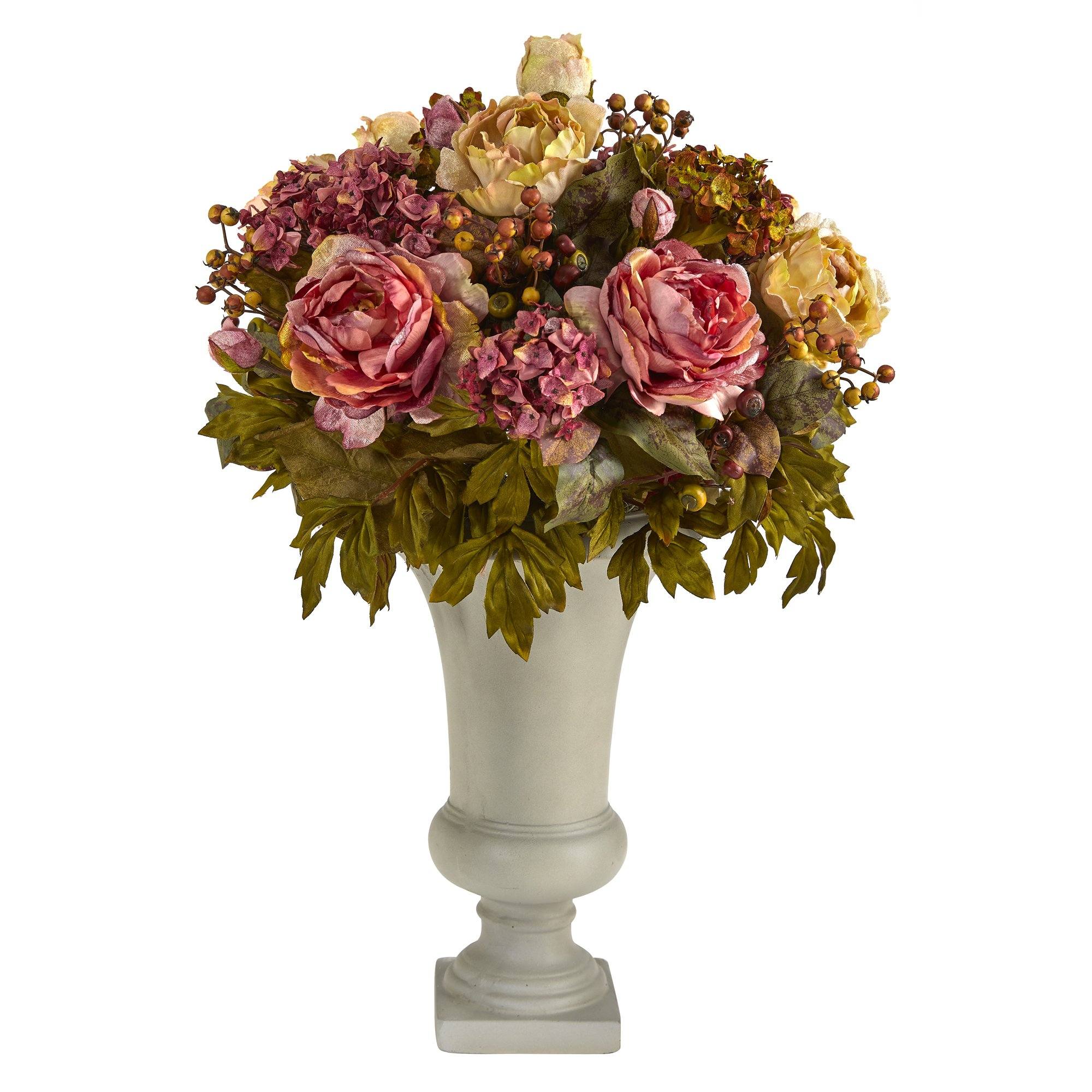 28” Peony Artificial Arrangement in Sand Colored Urn