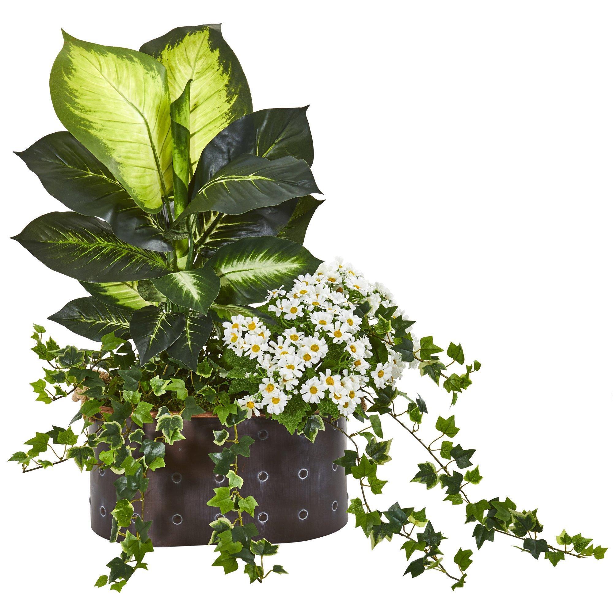 29” Golden Dieffenbachia, Ivy and Daisy Artificial Plant in Planter