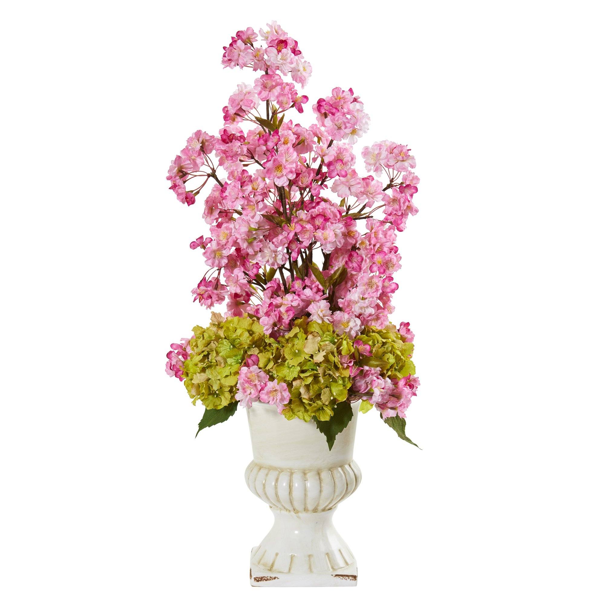 29” Hydrangea and Cherry Blossom Artificial Arrangement in White Urn