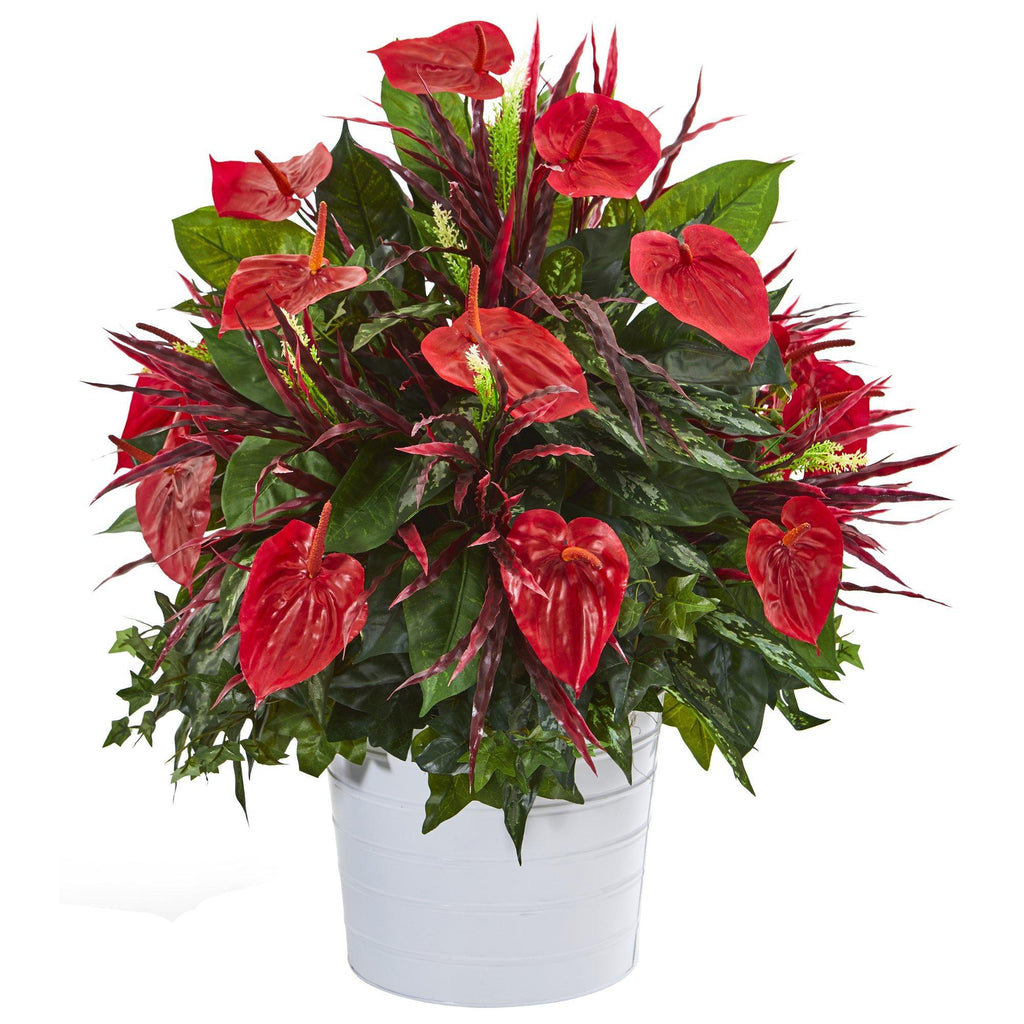 29” Mixed Anthurium Artificial Plant in White Tin Planter