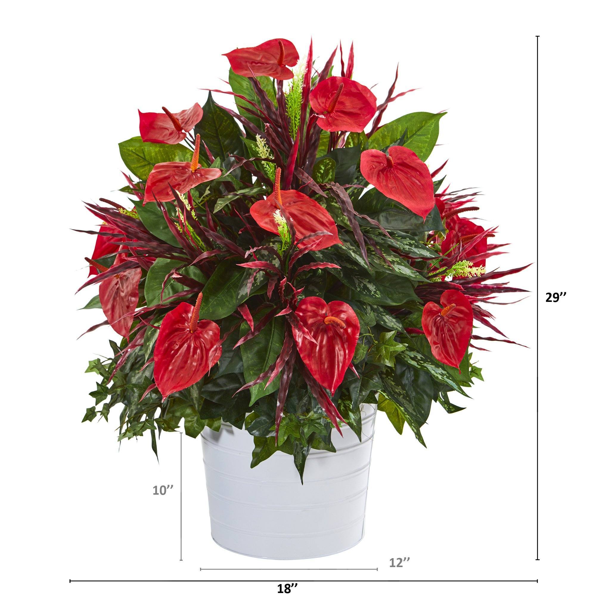29” Mixed Anthurium Artificial Plant in White Tin Planter