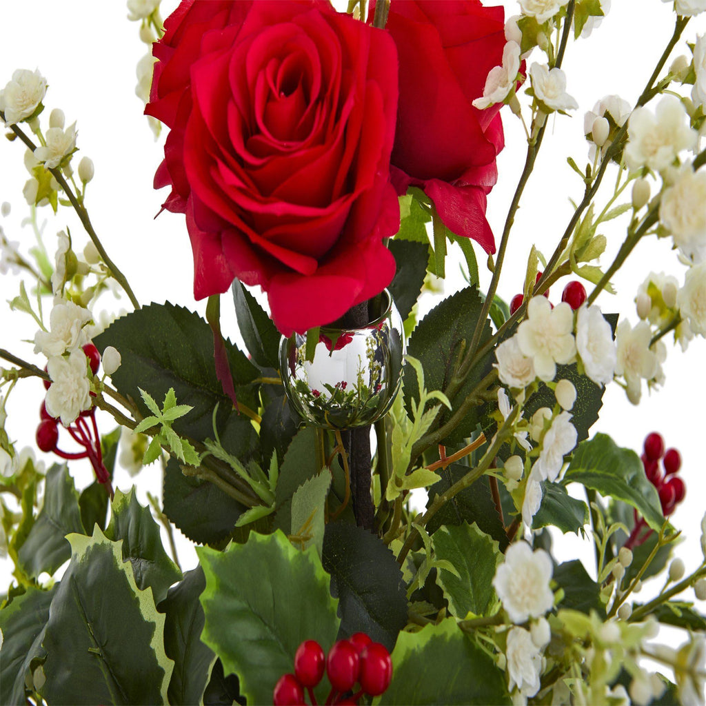 29” Rose, Cherry Blossom and Holly Leaf Artificial Arrangement in Silver Bowl