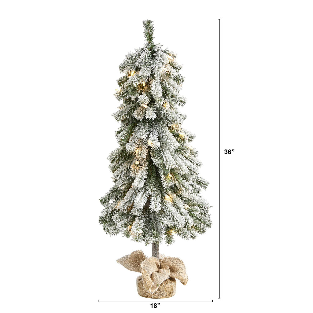 3’ Flocked Alpine Artificial Christmas Tree with 50 Lights, 177 Bendable Branches and a Burlap Planter