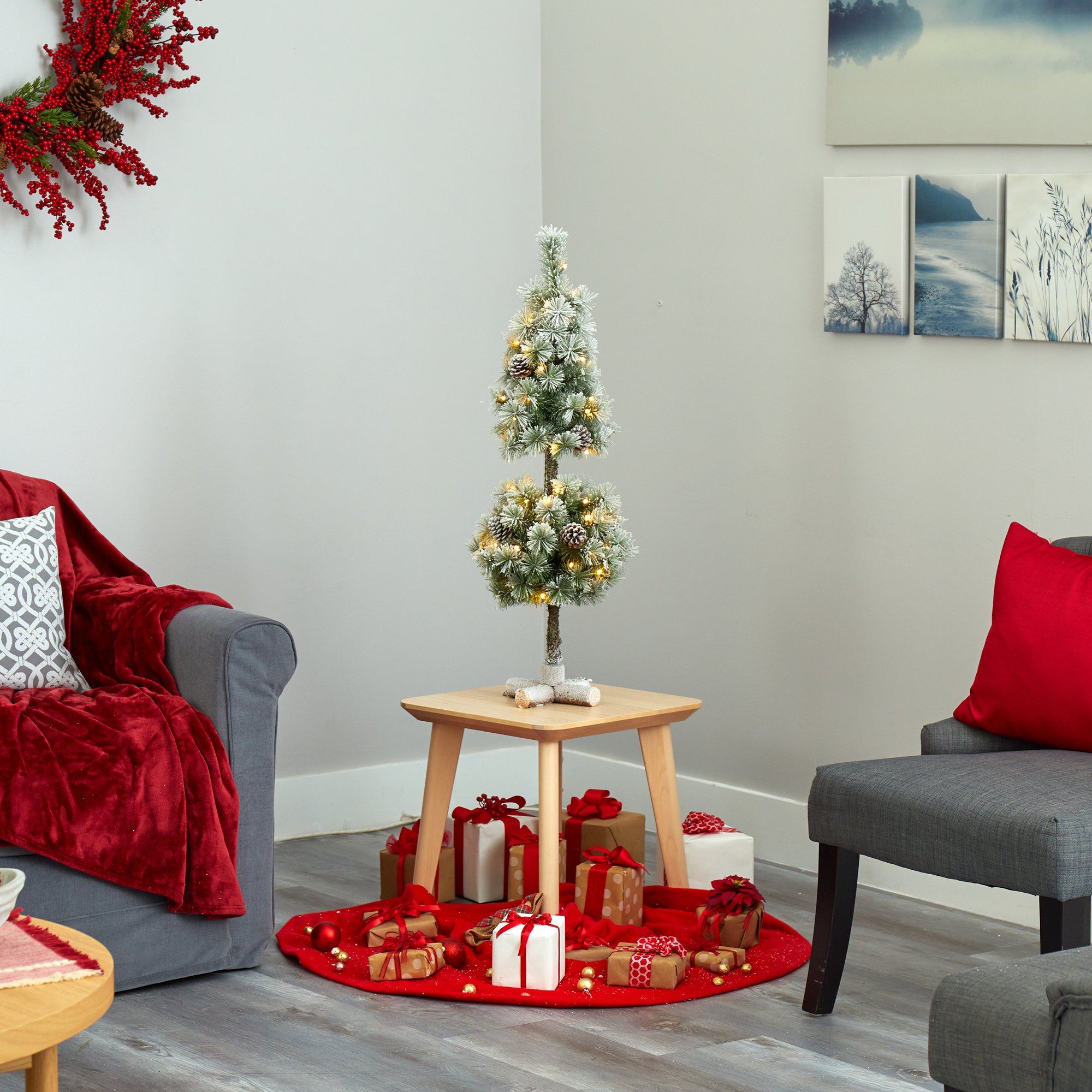 3’ Flocked Artificial Christmas Tree Topiary with 50 Warm White LED Lights and Pine Cones