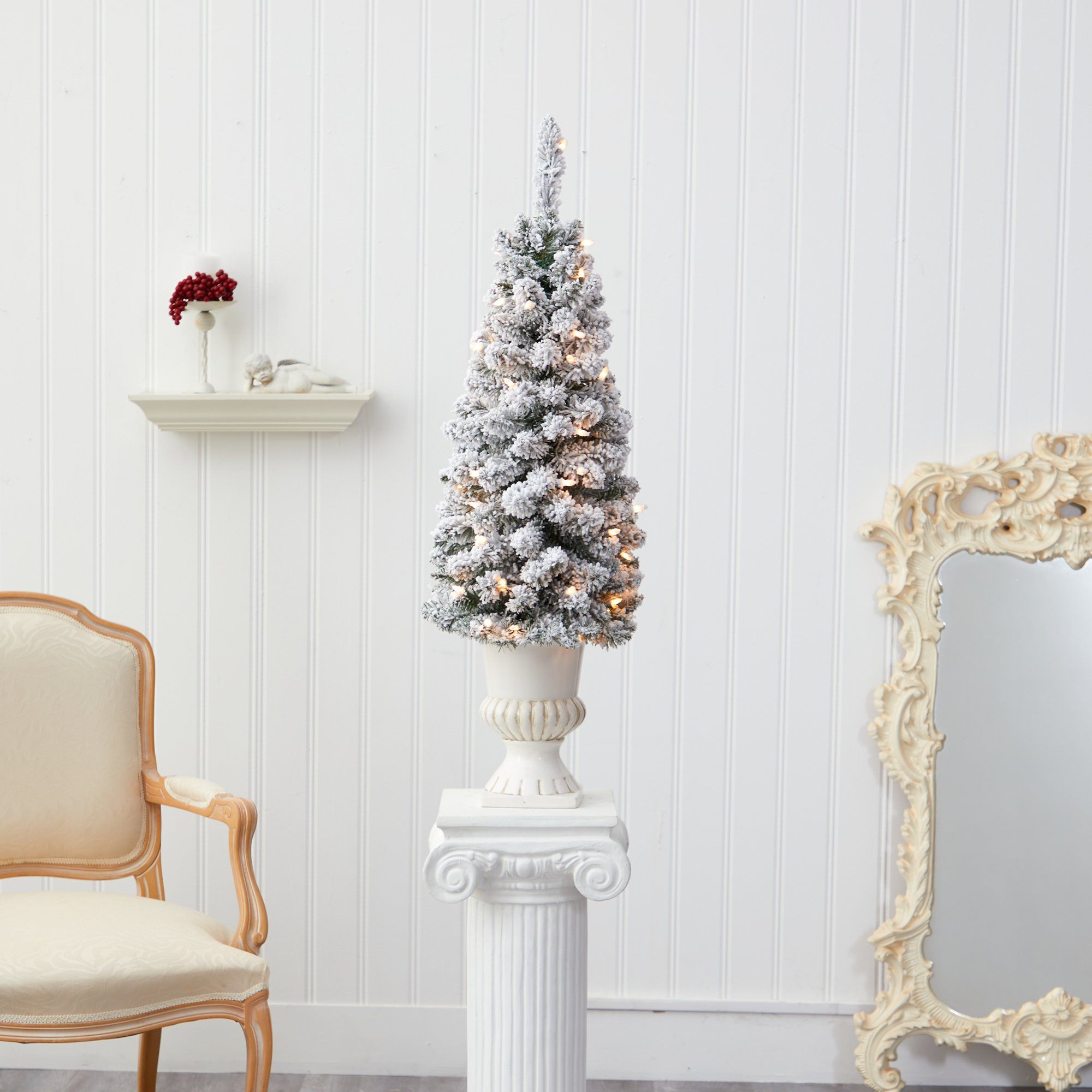 3’ Flocked Pencil Artificial Christmas Tree with 50 Clear Lights and 132 Bendable Branches in White Urn