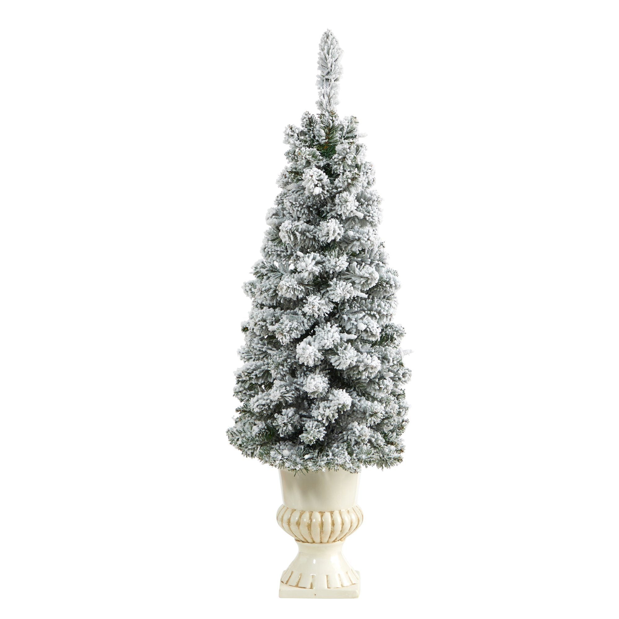 3’ Flocked Pencil Artificial Christmas Tree with 50 Clear Lights and 132 Bendable Branches in White Urn