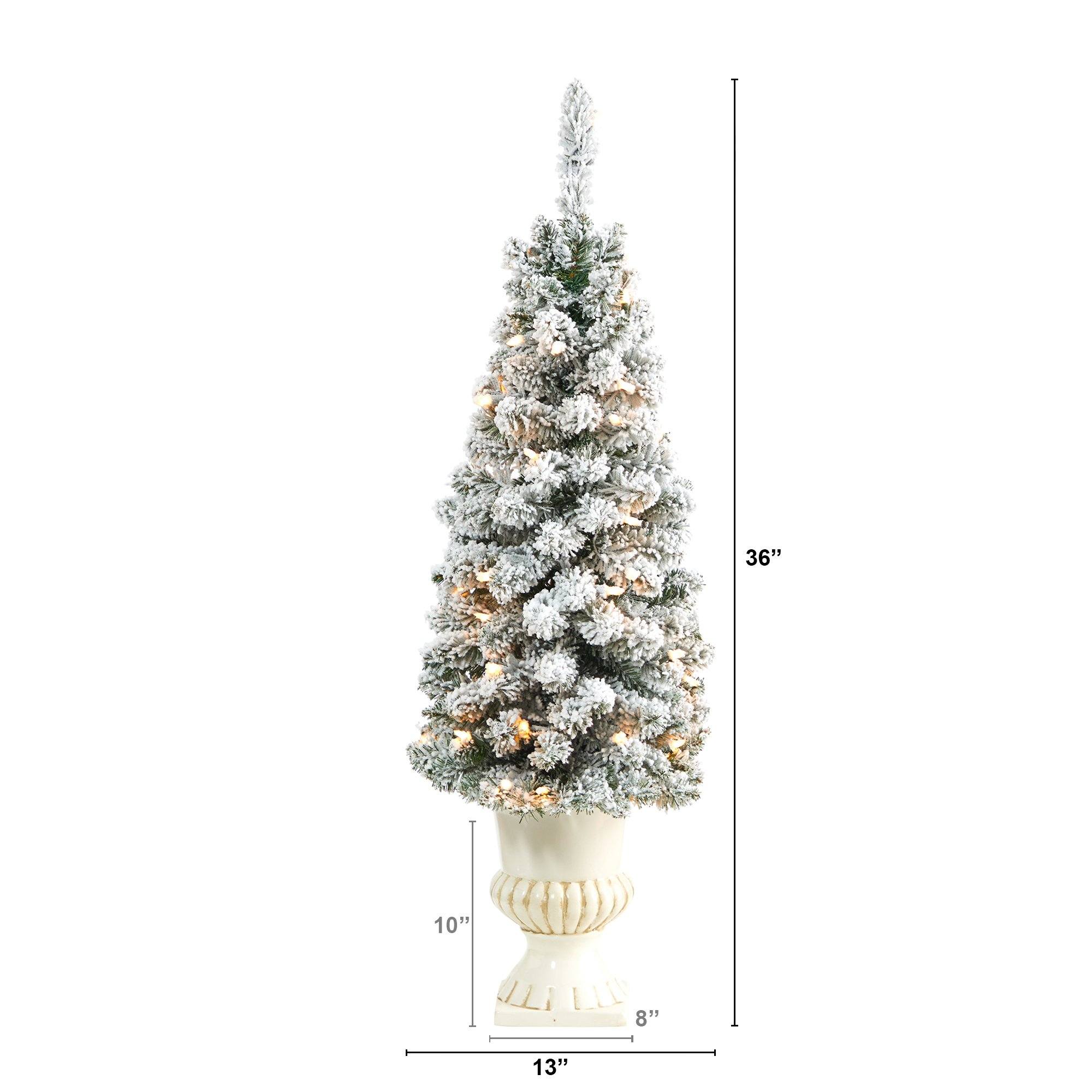 3’ Flocked Pencil Artificial Christmas Tree with 50 Clear Lights and 132 Bendable Branches in White Urn