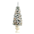 3’ Flocked Pencil Artificial Christmas Tree with 50 Clear Lights and 132 Bendable Branches in White Urn