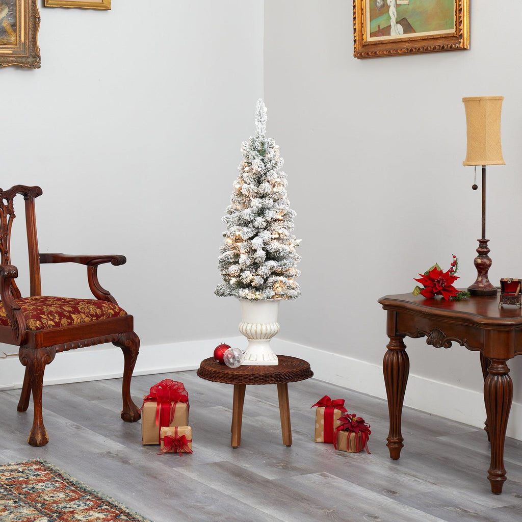 3’ Flocked Pencil Artificial Christmas Tree with 50 Clear Lights and 132 Bendable Branches in White Urn