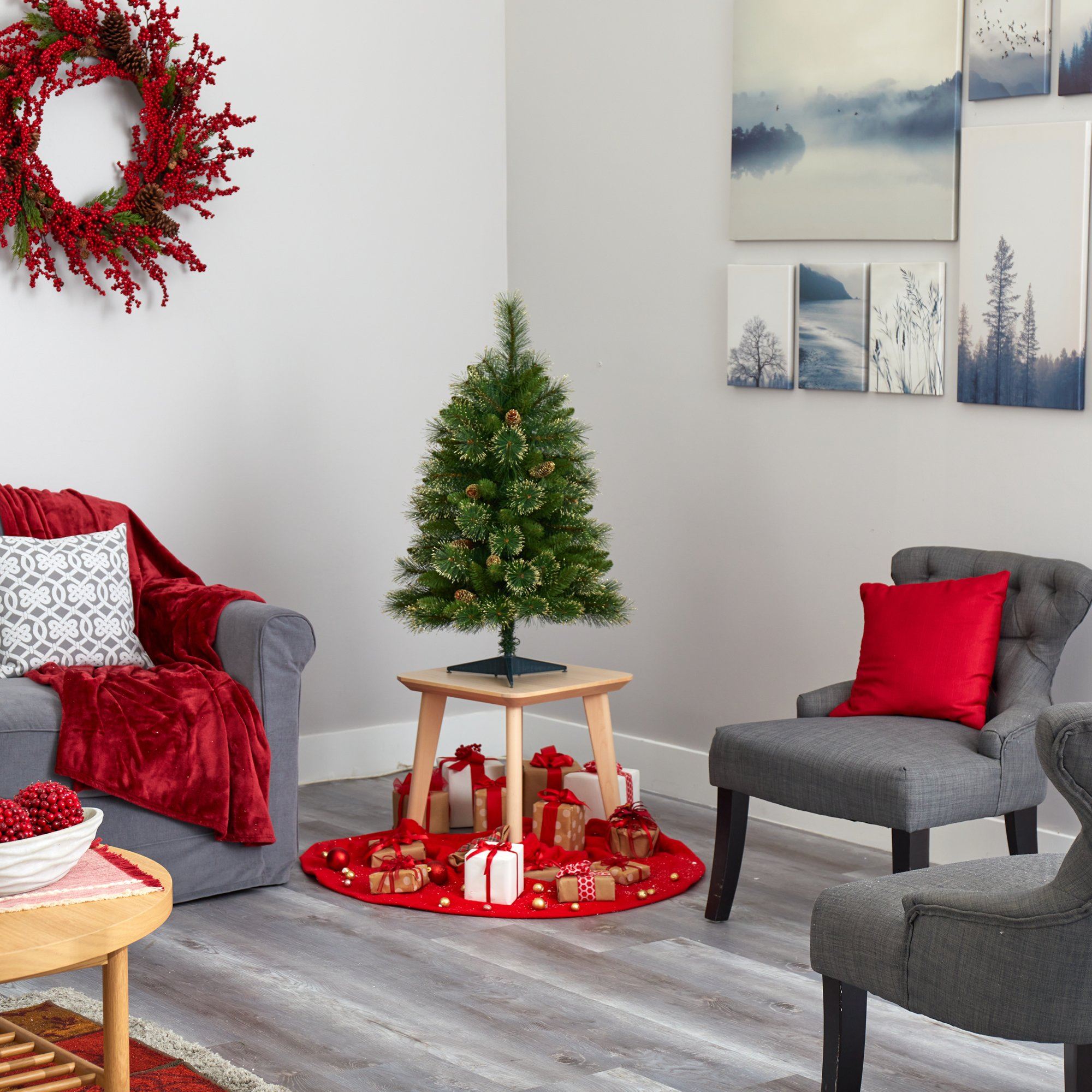 3’ Golden Tip Washington Pine Artificial Christmas Tree with 50 Clear Lights, Pine Cones and 148 Bendable Branches