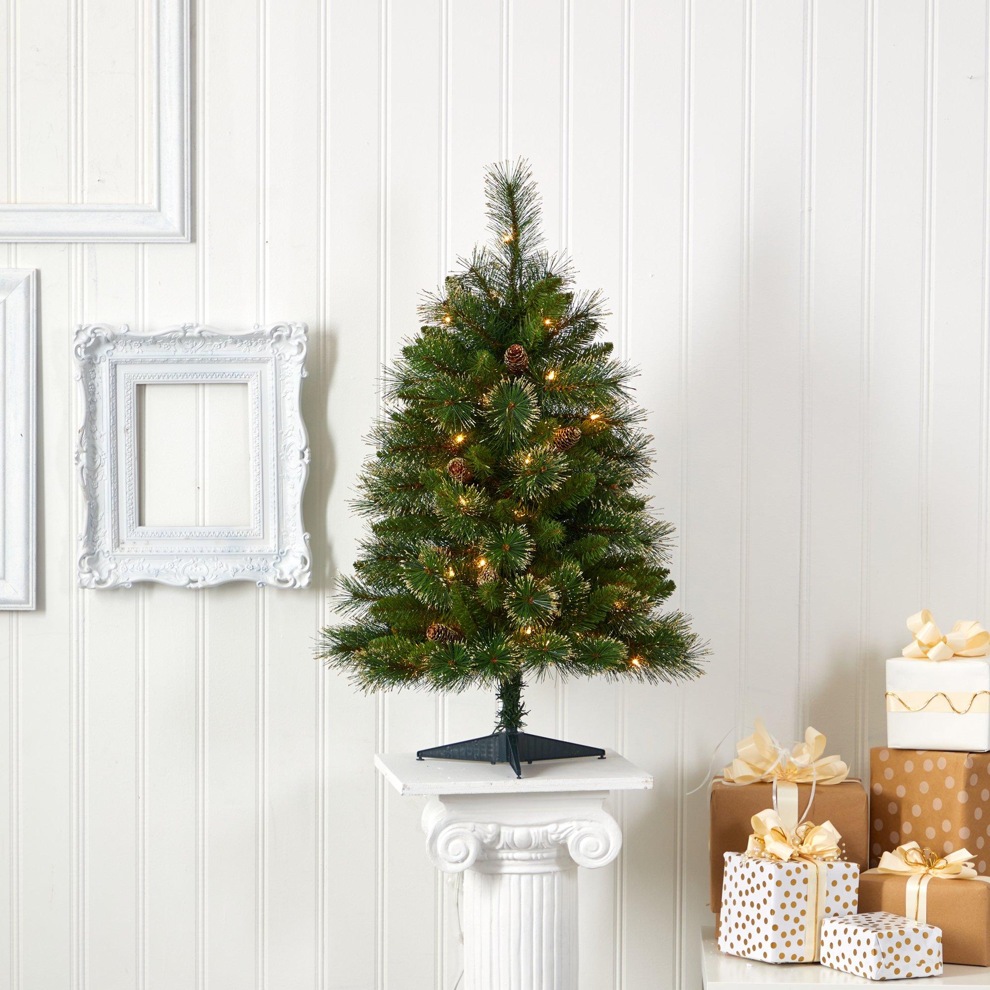 3’ Golden Tip Washington Pine Artificial Christmas Tree with 50 Clear Lights, Pine Cones and 148 Bendable Branches