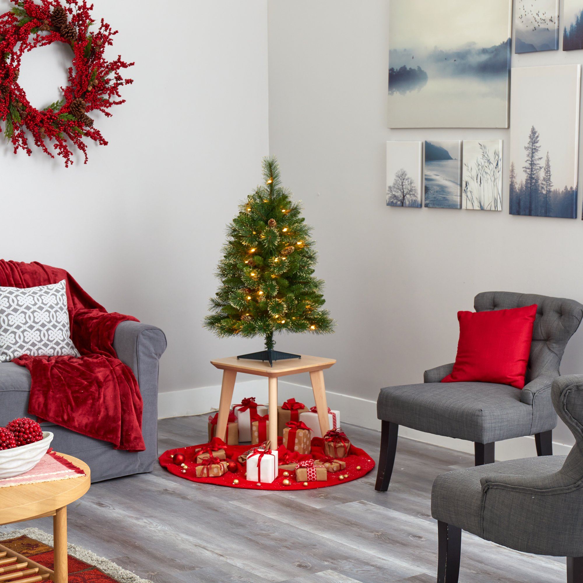 3’ Golden Tip Washington Pine Artificial Christmas Tree with 50 Clear Lights, Pine Cones and 148 Bendable Branches