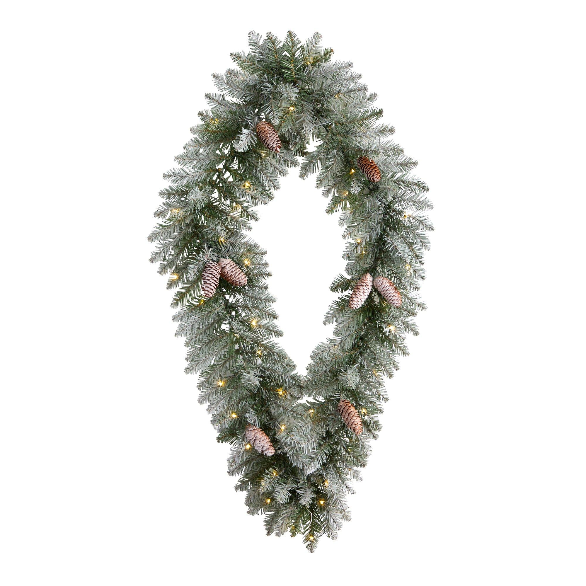 3' Holiday Christmas Geometric Diamond Frosted Wreath with Pinecones and 50 Warm White LED Lights